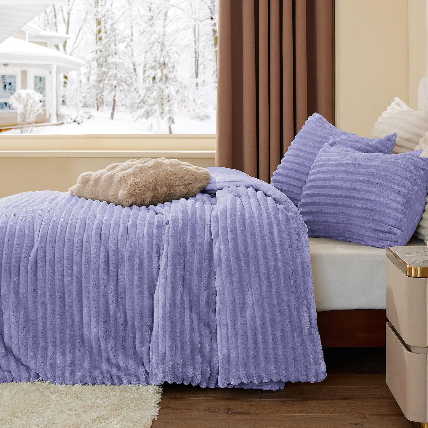 BEDELITE Fleece Queen Comforter Set -Super Soft & Warm Fluffy Lavender Bedding, Luxury Fuzzy Heavy Bed Set for All Season with 2 Pillow Cases