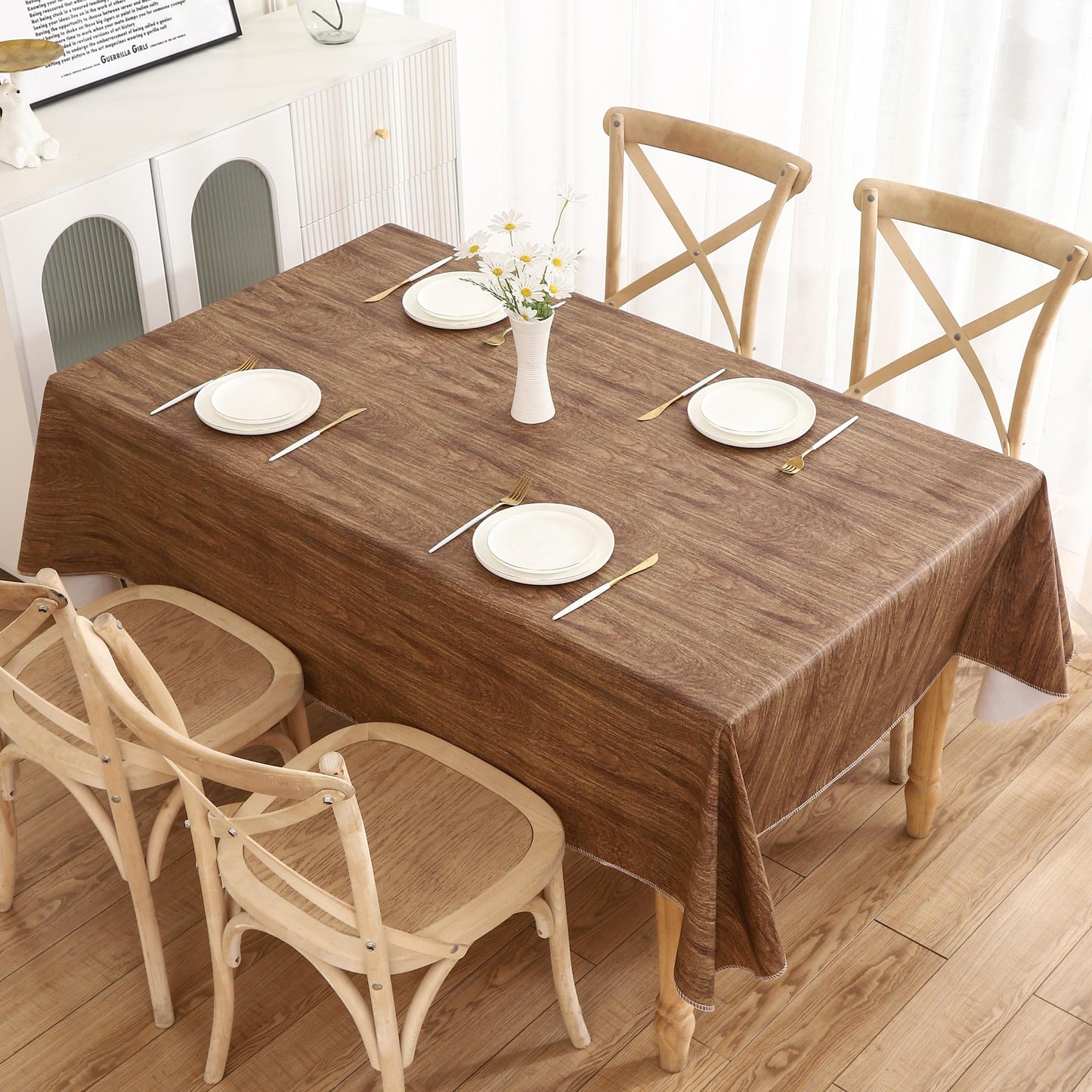 Walrus Heavy Duty Vinyl Tablecloth with Flannel Backing Waterproof Oil-Proof Plastic Table Cloth Stain-Resistant Wipeable Rectangle or Square Table Cover for Indoor and Outdoor (Wood, 54X54 Inch)