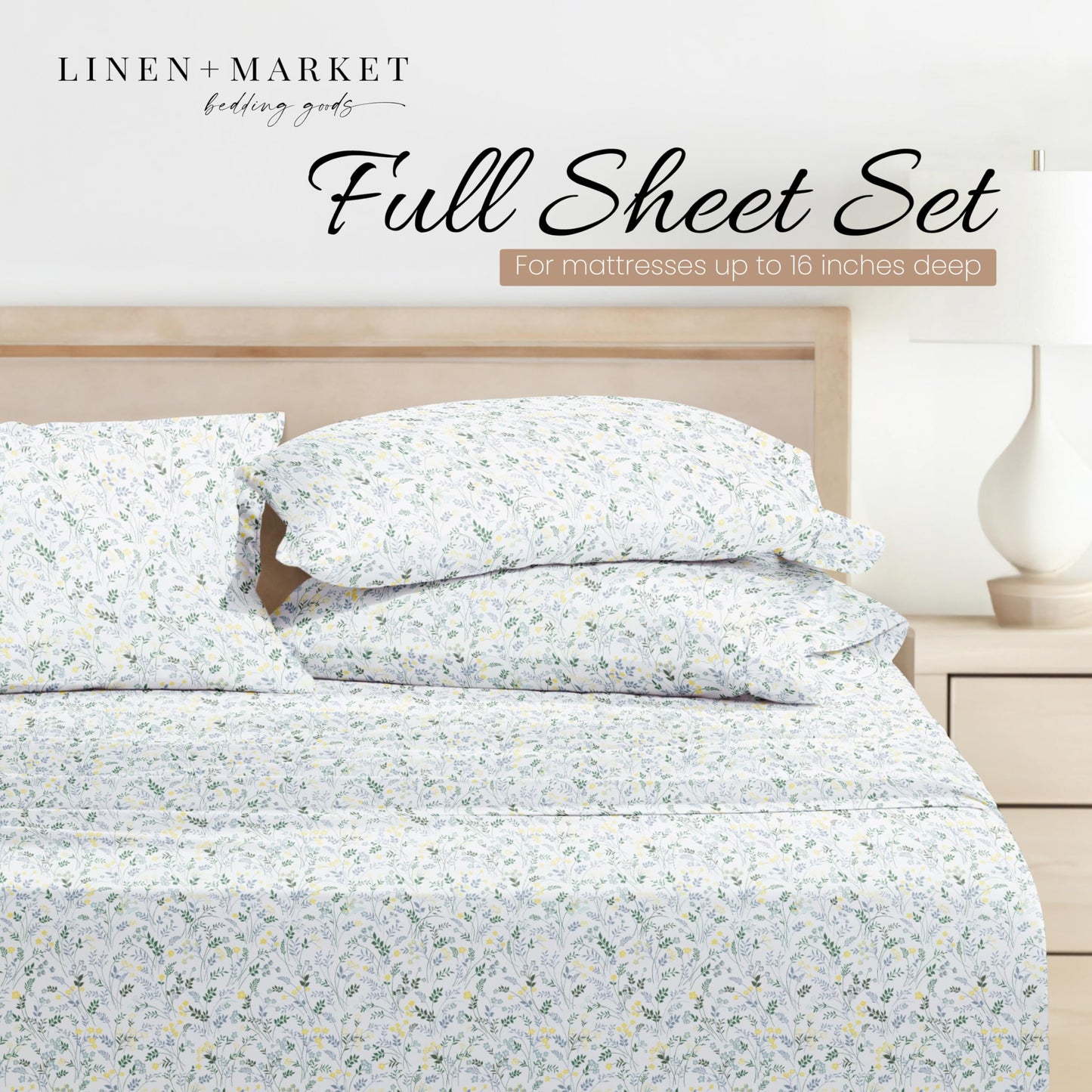 Linen Market Double-Brushed Patterned Microfiber Full Sheet Set 4 Piece – Oeko-TEX Certified Ultra Soft & Wrinkle-Free - 16" Deep Pocket Sheets - Easy Care Full Size - Wildflower Light Blue