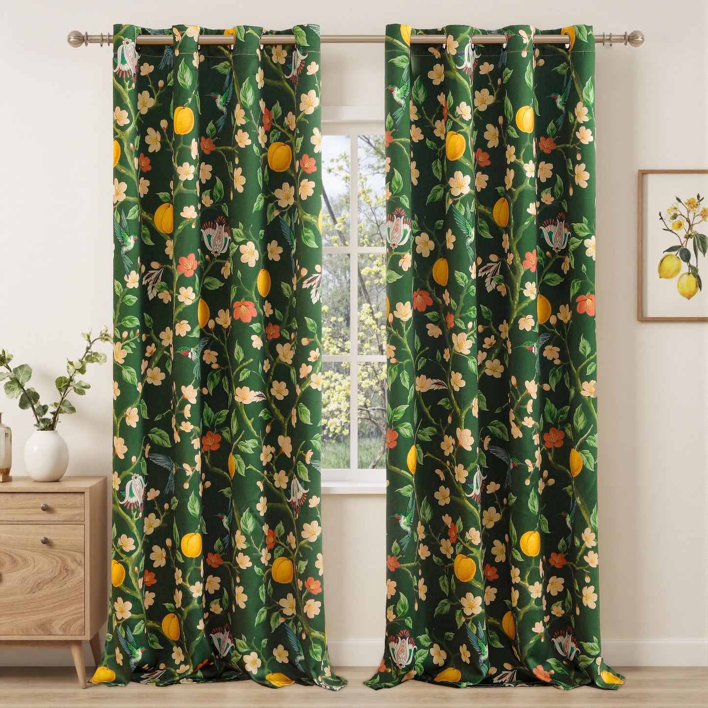 Floral Curtains 100% Blackout, Vintage Hummingbird Black Out Curtain 84 Inches Long, Patterned Thermal Insulated Window Drapes 2 Panels, Grommet Room Darkening Curtains for Living Room Bedroom, Green