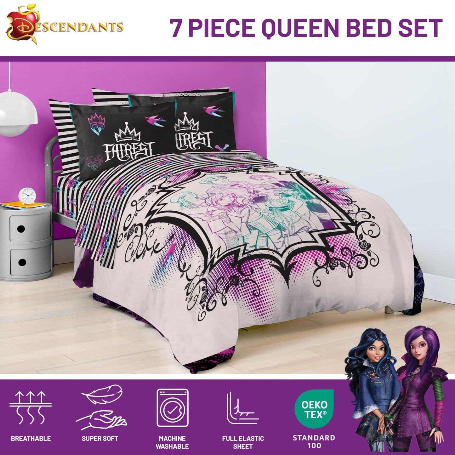 Jay Franco Kids Comforter Set Includes Sheets and Pillow Cover - Soft and Cozy Bed Set for Stylish Room Décor, Multi - Descendants, 7 Piece Queen