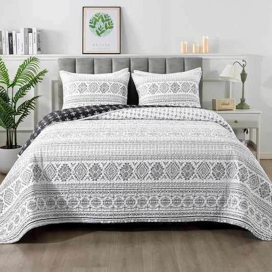 Andency Black White California King Quilt Set, 3 Pieces Boho Lightweight Soft Striped Cal King Bedspread for All Season (112"x104"), Printed Bohemian Polyester Reversible Coverlet Comforter Sets