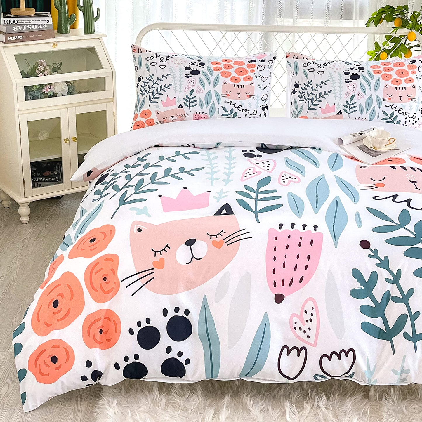 CVHOUSE Cat Duvet Cover Set,Kitten Bedding Set for Kids,Cartoon Animal Comforter Cover Set,Queen Size,1 Quilt Cover 2 Pillowcases 3 Piece