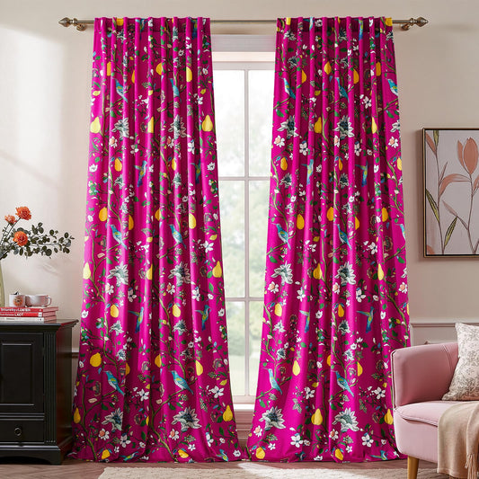 Floral Velvet Curtains 84 inches: Printed Victorian Farmhouse Room Darkening Curtain Drapes for Living Room Bedroom Home Theaters-Vintage Window Curtain With Hummingbirds Pattern,2 Panels,Hot Pink