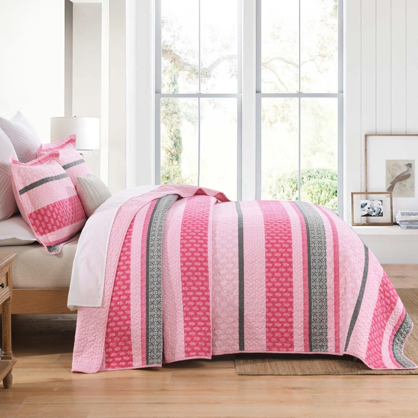 Homzard Quilts Queen Size, Cotton Comforter Set, Hot Pink Grey Queen Bed Set, Lightweight Striped Bedding, Farmhouse Bedspread All Season 3 Pieces