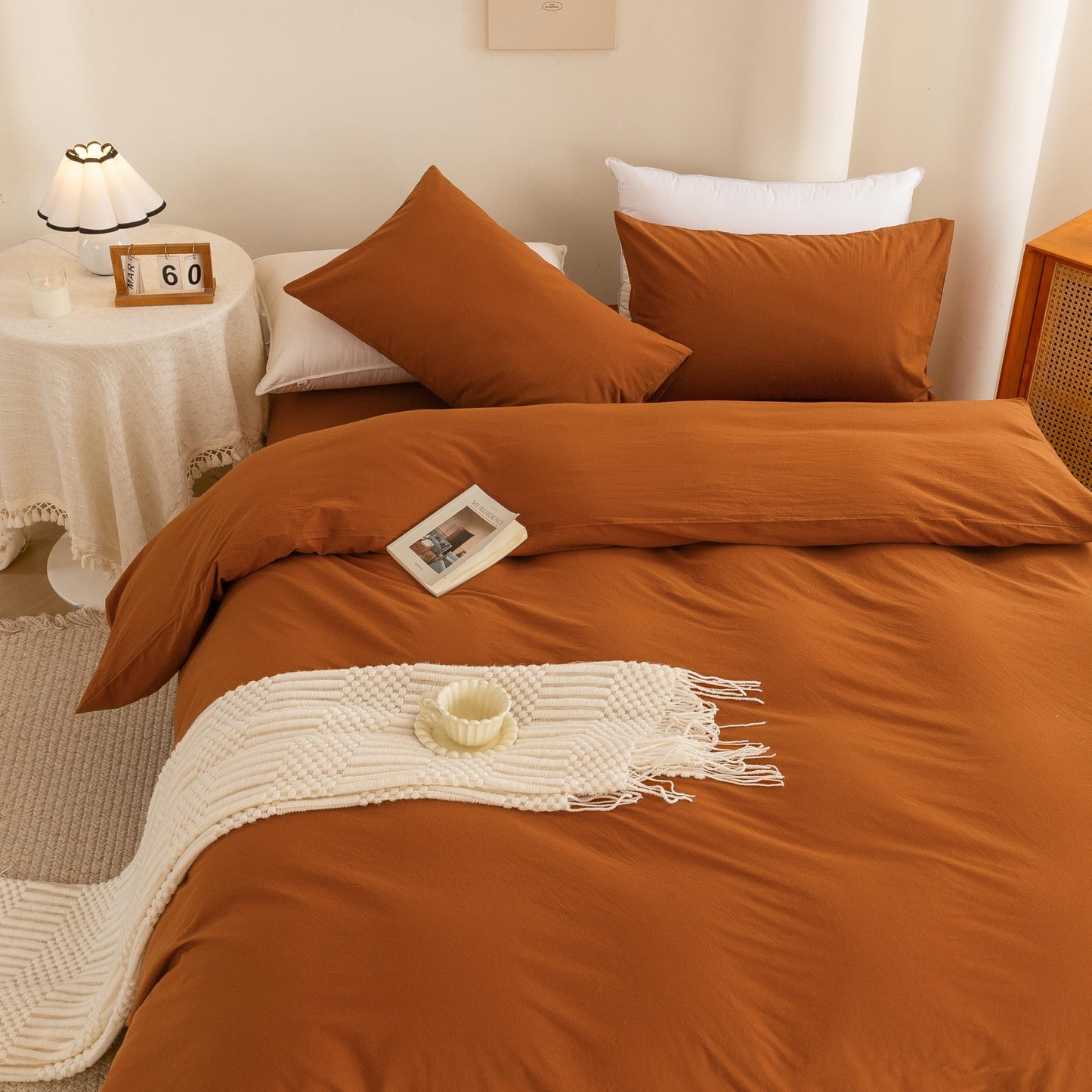 ECOCOTT Orange Duvet Cover Queen Size, 3 Piece 100% Washed Cotton 1 Duvet Cover with Zipper and 2 Pillowcases, Ultra Soft and Easy Care Breathable Cozy Bedding Set(Orange,Queen)