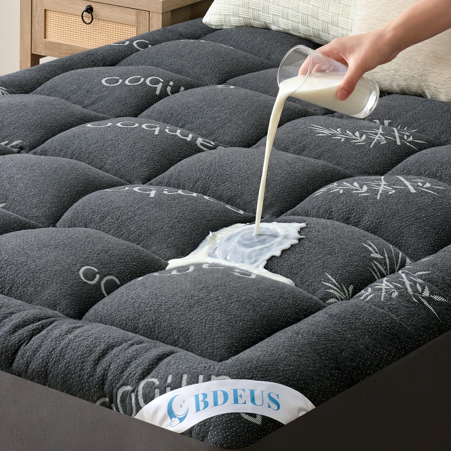 BDEUS Queen Mattress Topper Viscose Derived from Bamboo, 100% Waterproof Thick Pillow Top Mattress Pad for Back Pain Relief, Naturally Cooling for Hot Sleepers, Grey