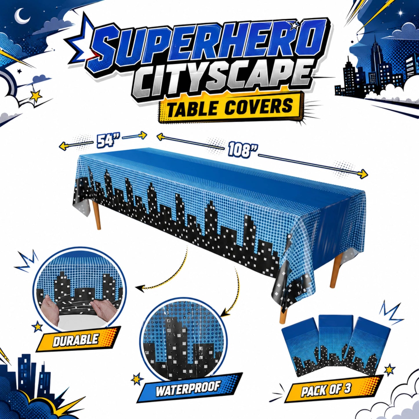 Blue Orchards Superhero Cityscape Table Covers (Pack of 3) 108"x54" XL - Superhero Table Cloth for Parties, Birthday Party Supplies, Boy Birthday Party Decorations, Super Hero Brithday Party
