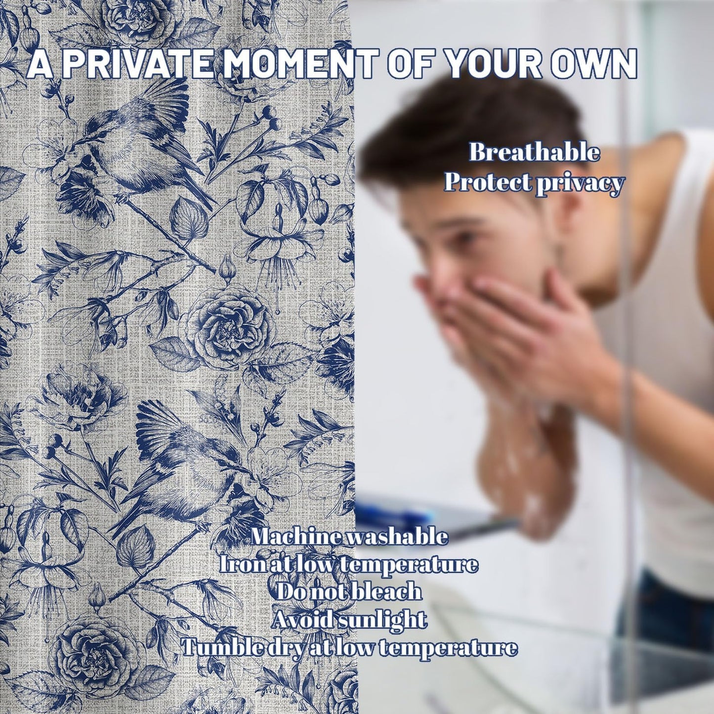DLTAY Navy Blue Vintage Botanical Shower Curtain, 70x72 Inch