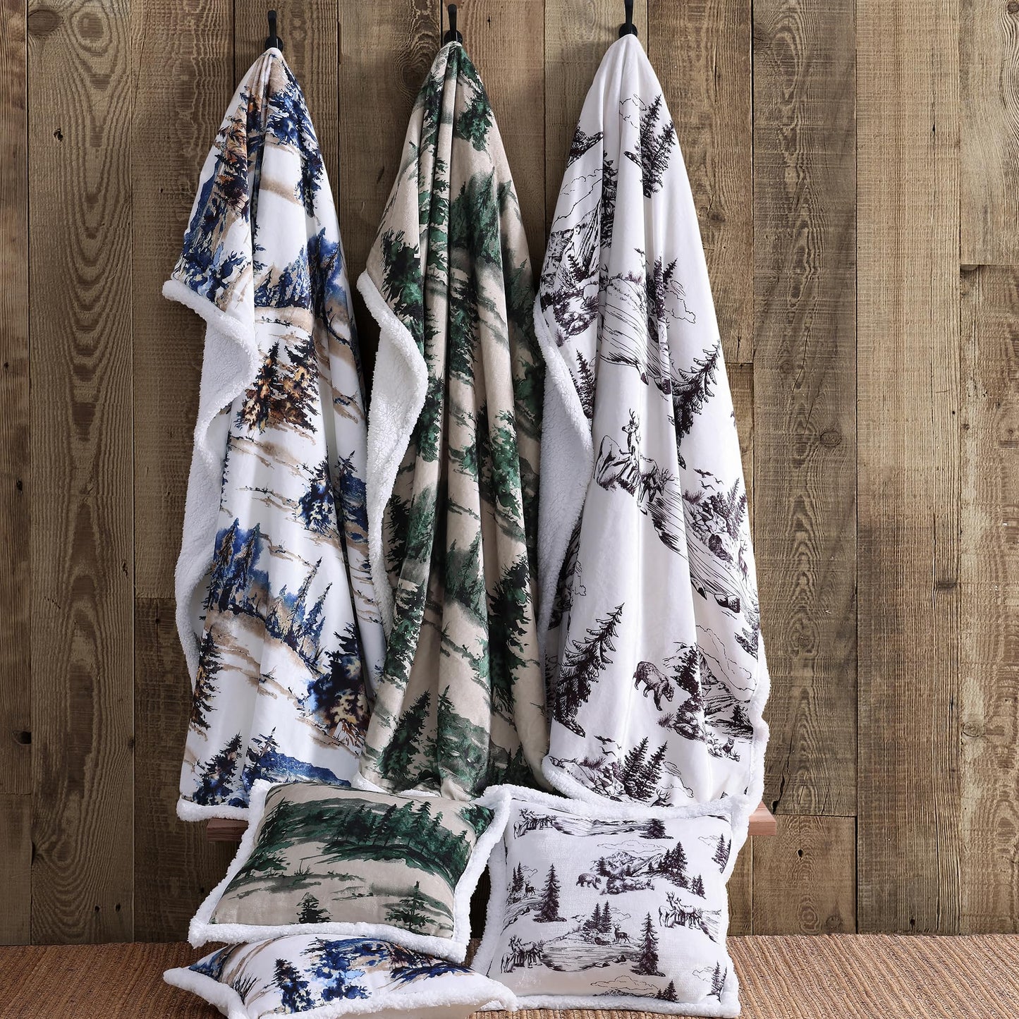 Paseo Road Indigo Hill by HiEnd Accents Joshua 3 Piece Sherpa Throw Blanket Set, Forest Pine Trees Nature Print Fleece Throw Set, Western Cabin Lodge Style, 1 Throw and 2 Pillows