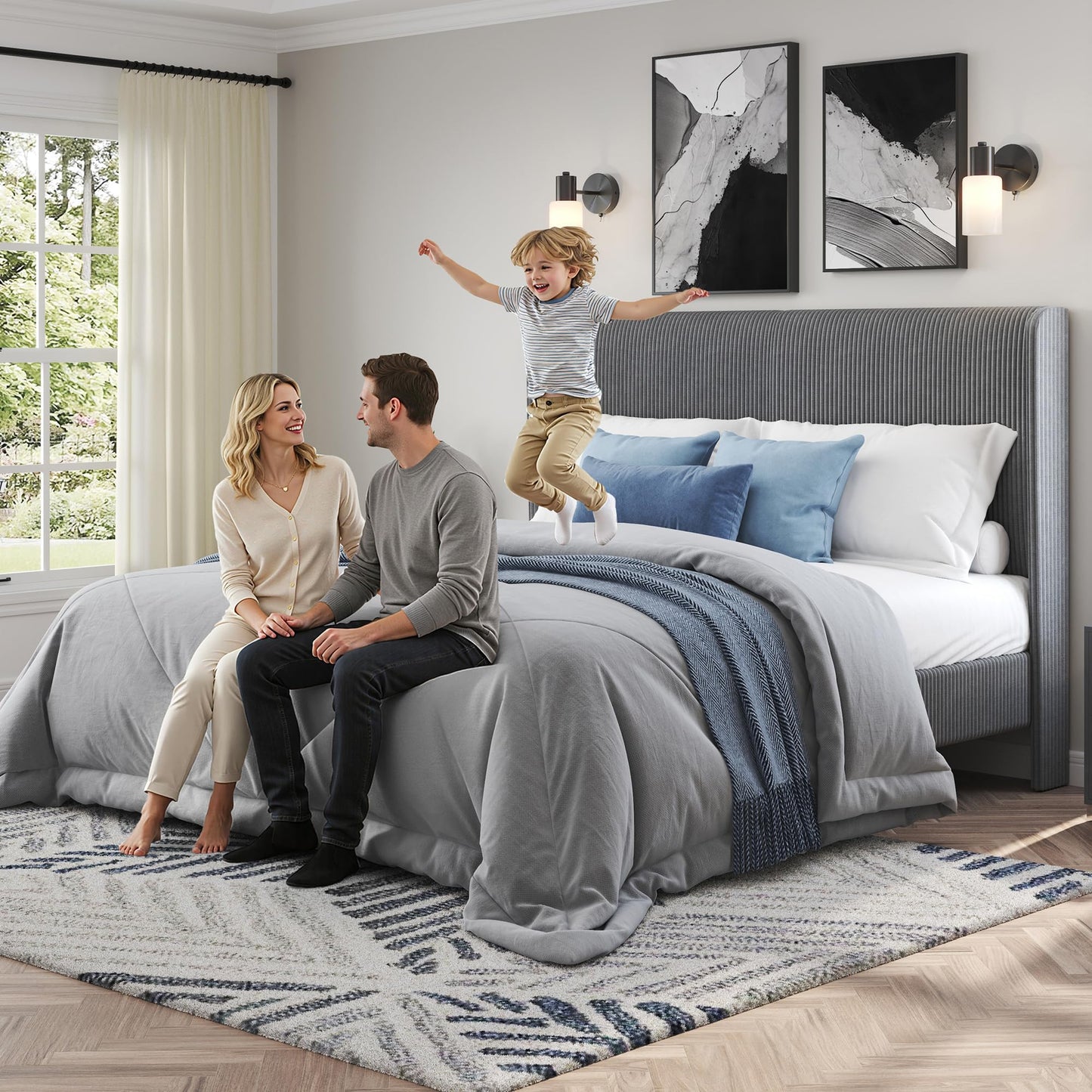 AMERLIFE King Bed Frame, Upholstered Platform Bed with Corduroy Headboard, Easy Assembly Modern Grey Bed Frame with Wooden Slats Support, No Box Spring Needed
