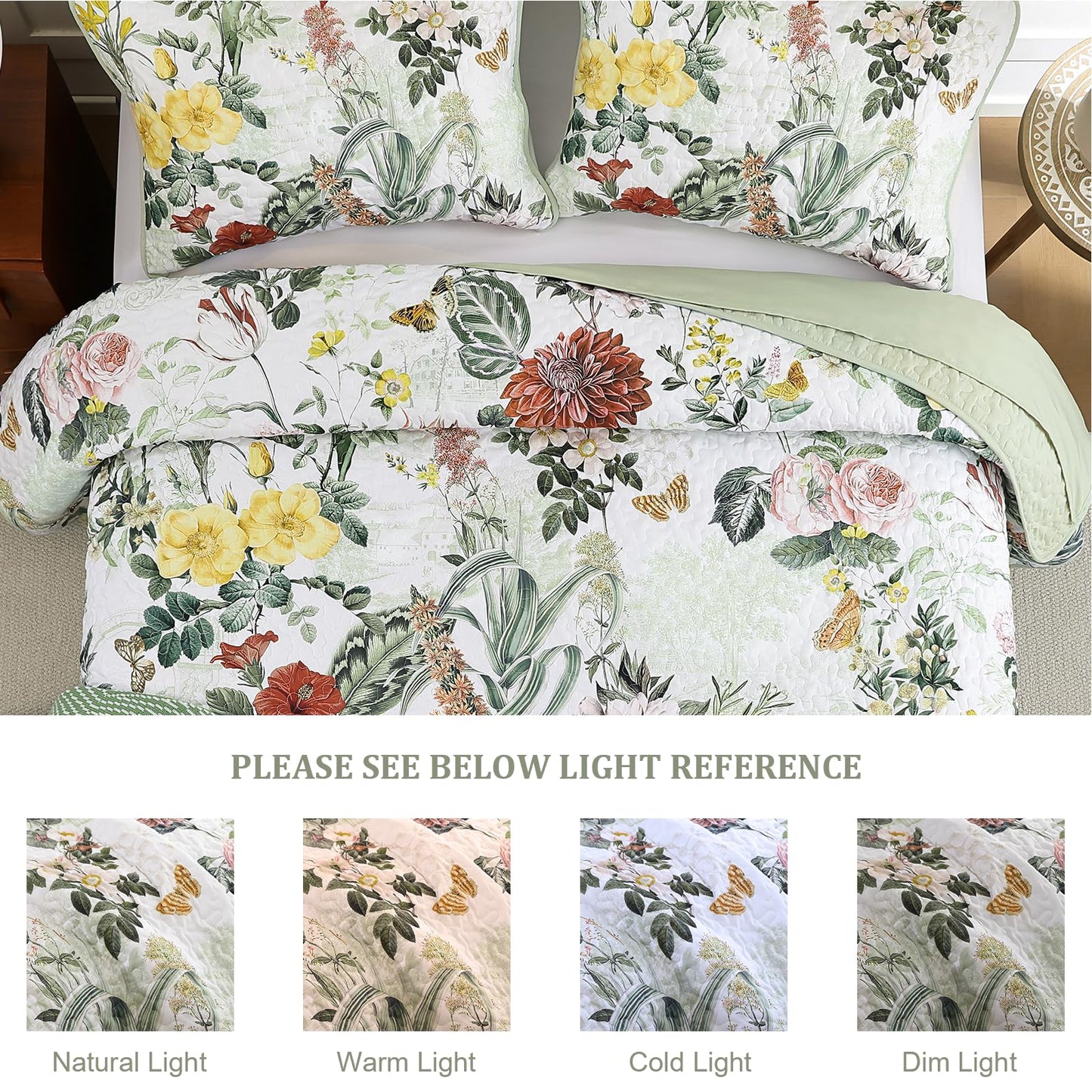 Anibedding Sage Green Queen Quilt Sets,3 Piece Floral Farmhouse Botanical Lightweight Microfiber Bedspread Coverlet with 2 Shams Spring Summer Bedding Quilts Set for All Season(90"x96")