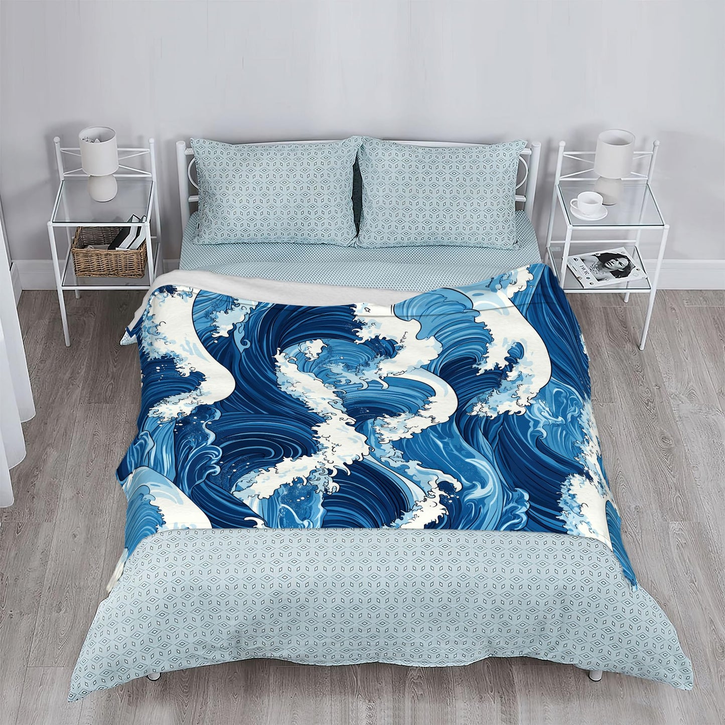 Blue Ocean Wave Sofa Throw Blankets,Vintage Japanese Soft Cozy Fuzzy Lightweight Travel Blanket,Flannel Fleece Fall Throw Blanket for Couch,Bed,Camping,Movie Nights,Watching TV 50 X 60 Inch