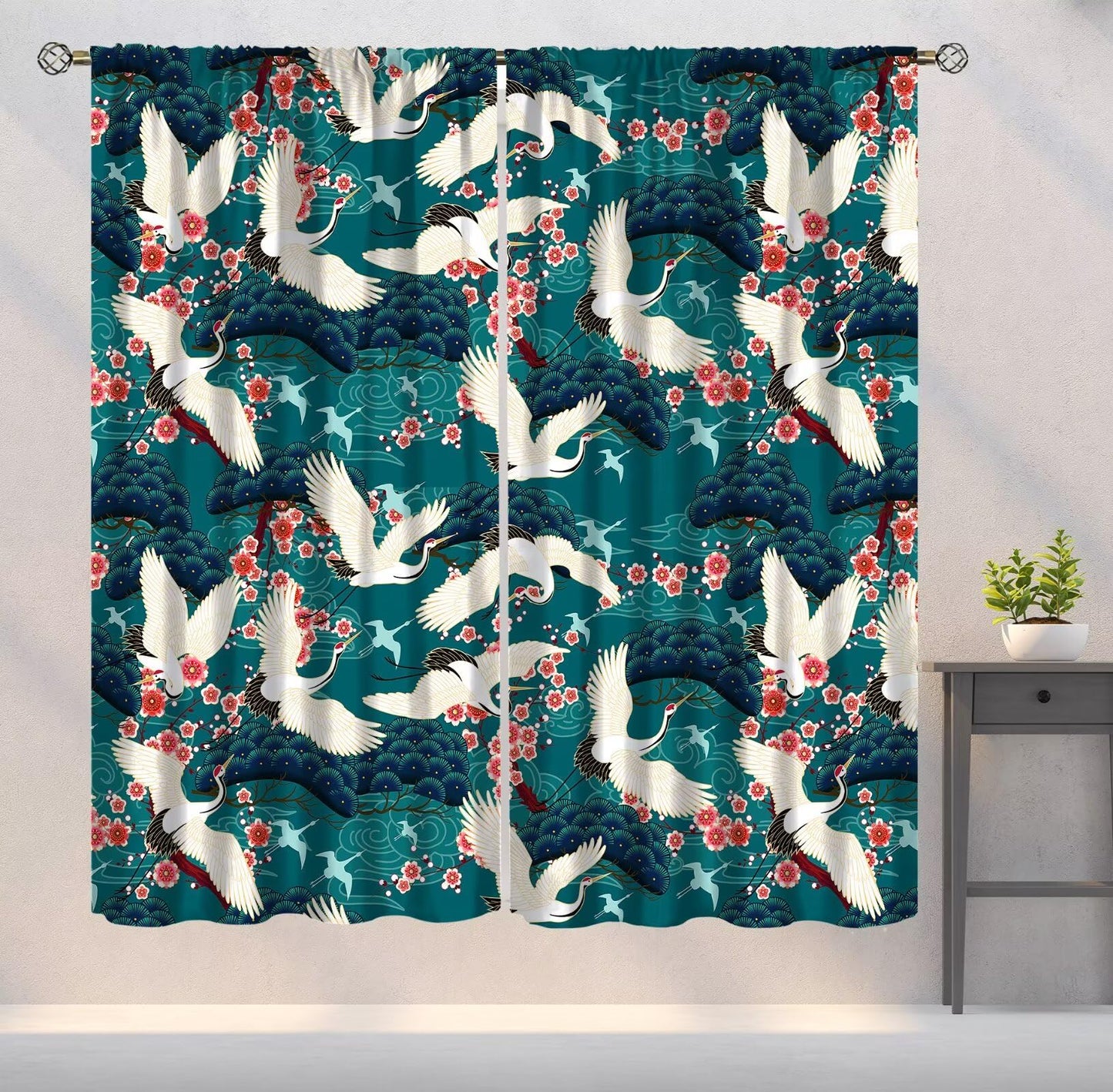 YSWOW Japanese Cranes Curtains, Asia Oriental Theme Art Printed Window Drapes for Bedroom Living Room Kitchen Decor Fabric 2 Panel 42x45 Inch 30% Shading Rate
