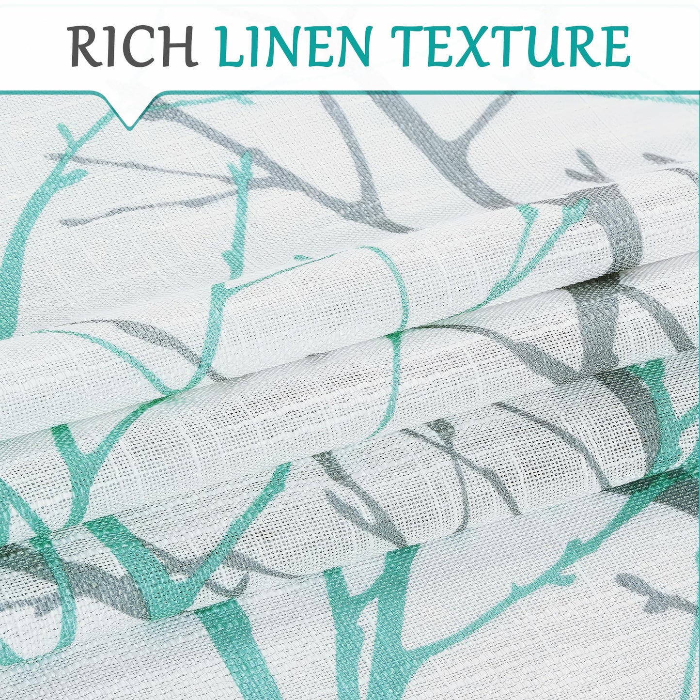 FMFUNCTEX Linen Semi Sheer Curtains for Bedroom, Auqa Blue White Curtains 84 Inches Long for Living Room, Grey Tree Branch Patterned Curtain Light Filtering Window Drapes, Grommet Top 2 Panels