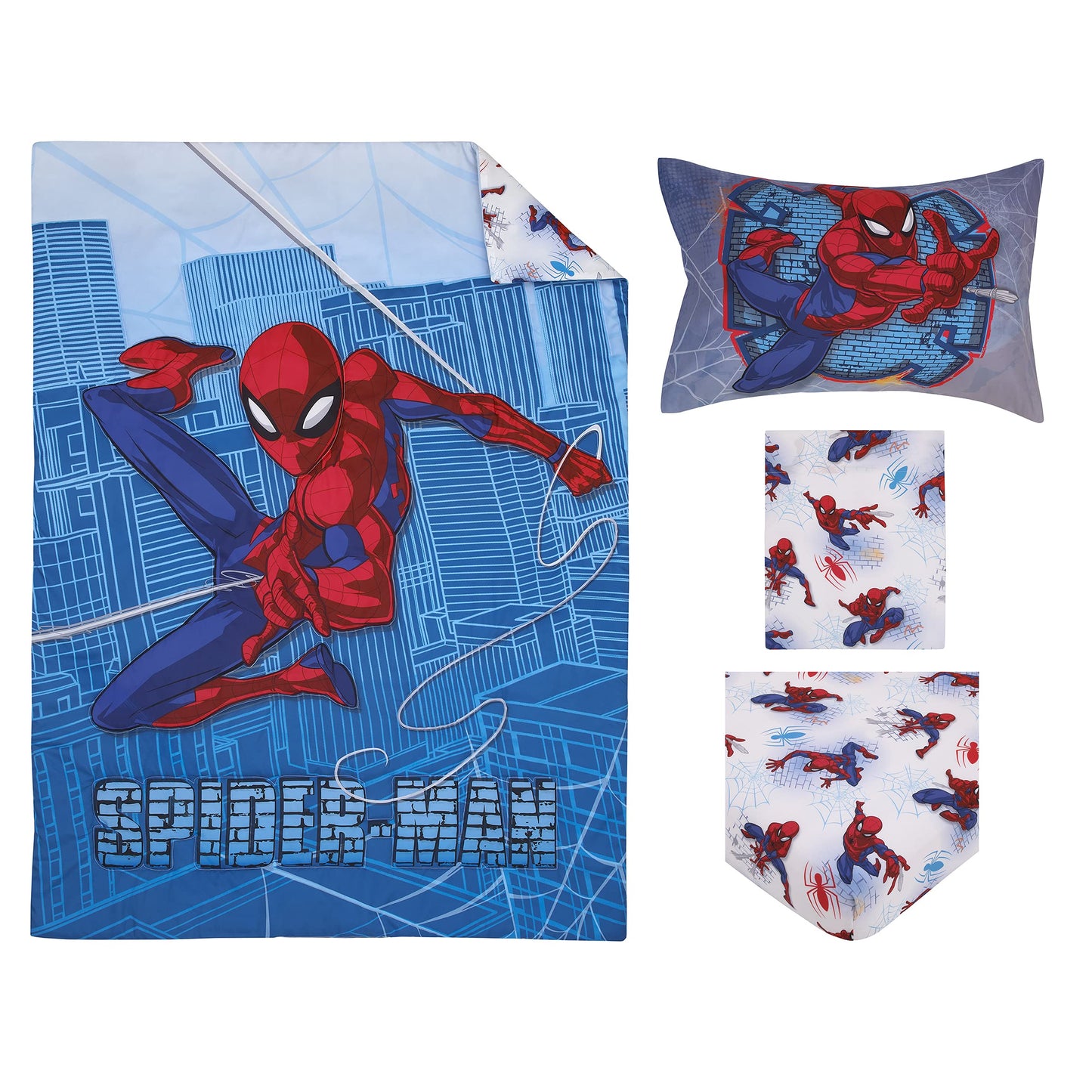 Disney Marvel Spiderman Wall Crawler Red, White, and Blue Spider Webs 4 Piece Toddler Bed Set - Comforter, Fitted Bottom Sheet, Flat Top Sheet, and Reversible Pillowcase