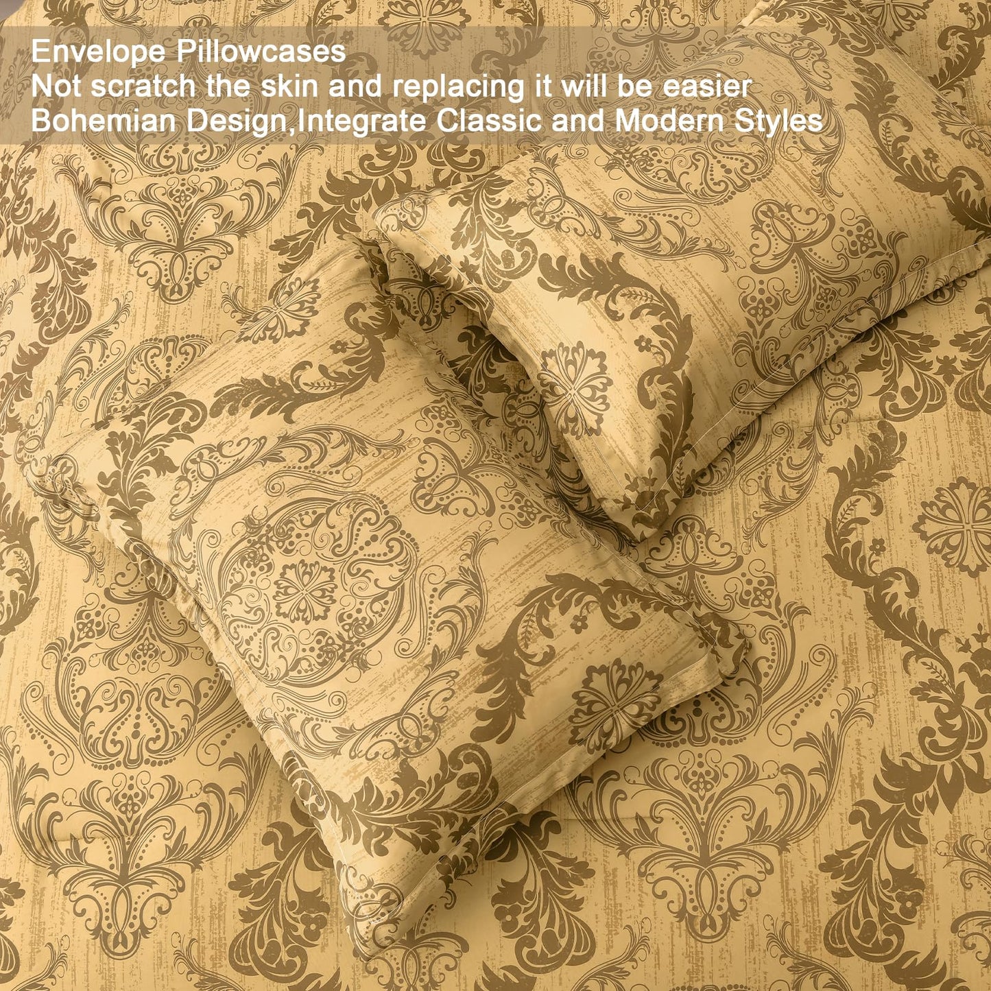 WONGS BEDDING Gold Comforter Set Queen Size, Damask Texture Design 7 Pieces Bed in a Bag Microfiber Comforter Bedding Sets -1 Comforter, 1 Flat Sheet, 1 Fitted Sheet, 2 Pillow Shams, 2 Pillowcases