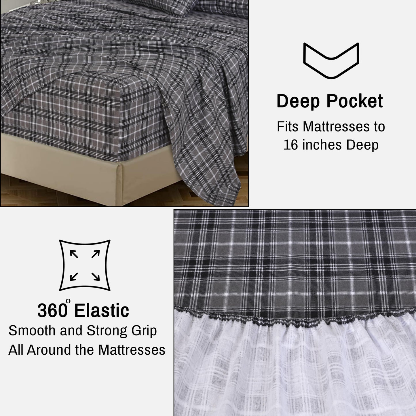 RUVANTI Flannel Sheets Queen Size - 100% Cotton Double Brushed Bed Sheets, Deep Pockets 16 Inches Queen Sheet Set, All Seasons Breathable & Extra Soft - Warm & Cozy, 4 Piece, Grey Plaid