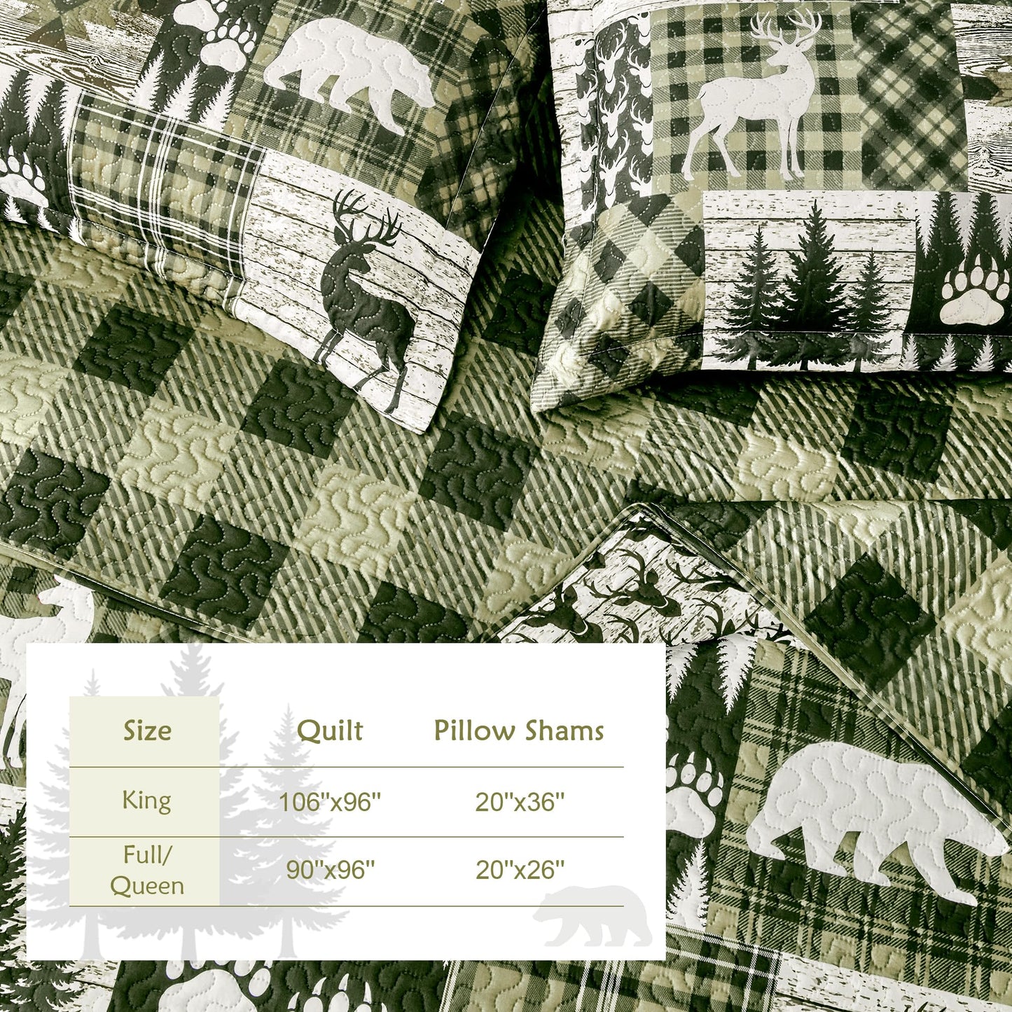 3 Piece Cabin Full/Queen Quilt Sets Farmhouse Rustic Reversible Microfiber Soft Lightweight Bedspread Comforter with 2 Shams Patchwork Country Lodge Bedding Quilts Set for All Season, 90''x96'', Green