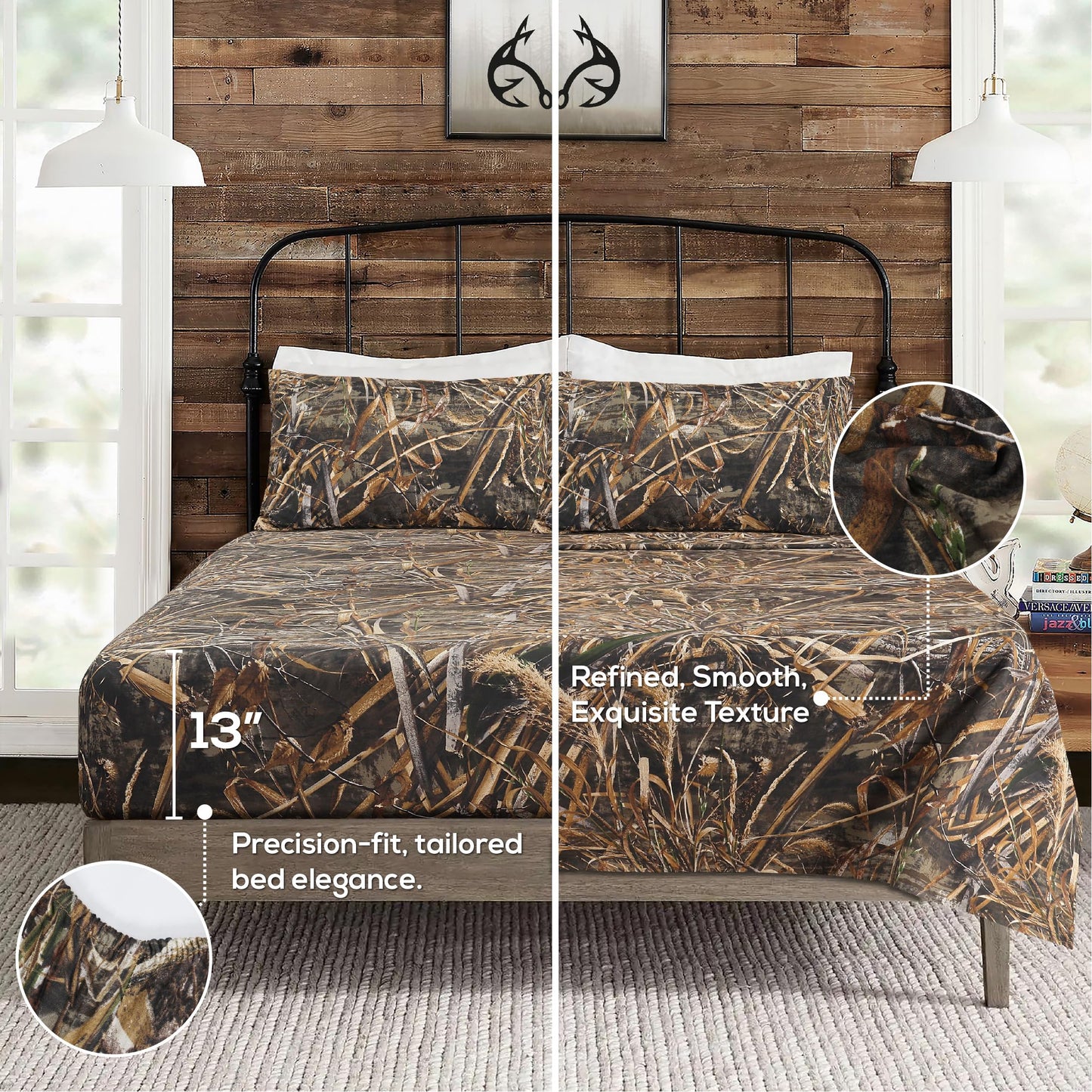 VISI-ONE Realtree Max-5 Queen Camo 4 Piece Sheet Set – Lightweight, Cooling, Wrinkle-Free Microfiber 13" Deep Pocket Sheets, Unisex Rustic Western Farmhouse Style Made to Complement All Living Spaces