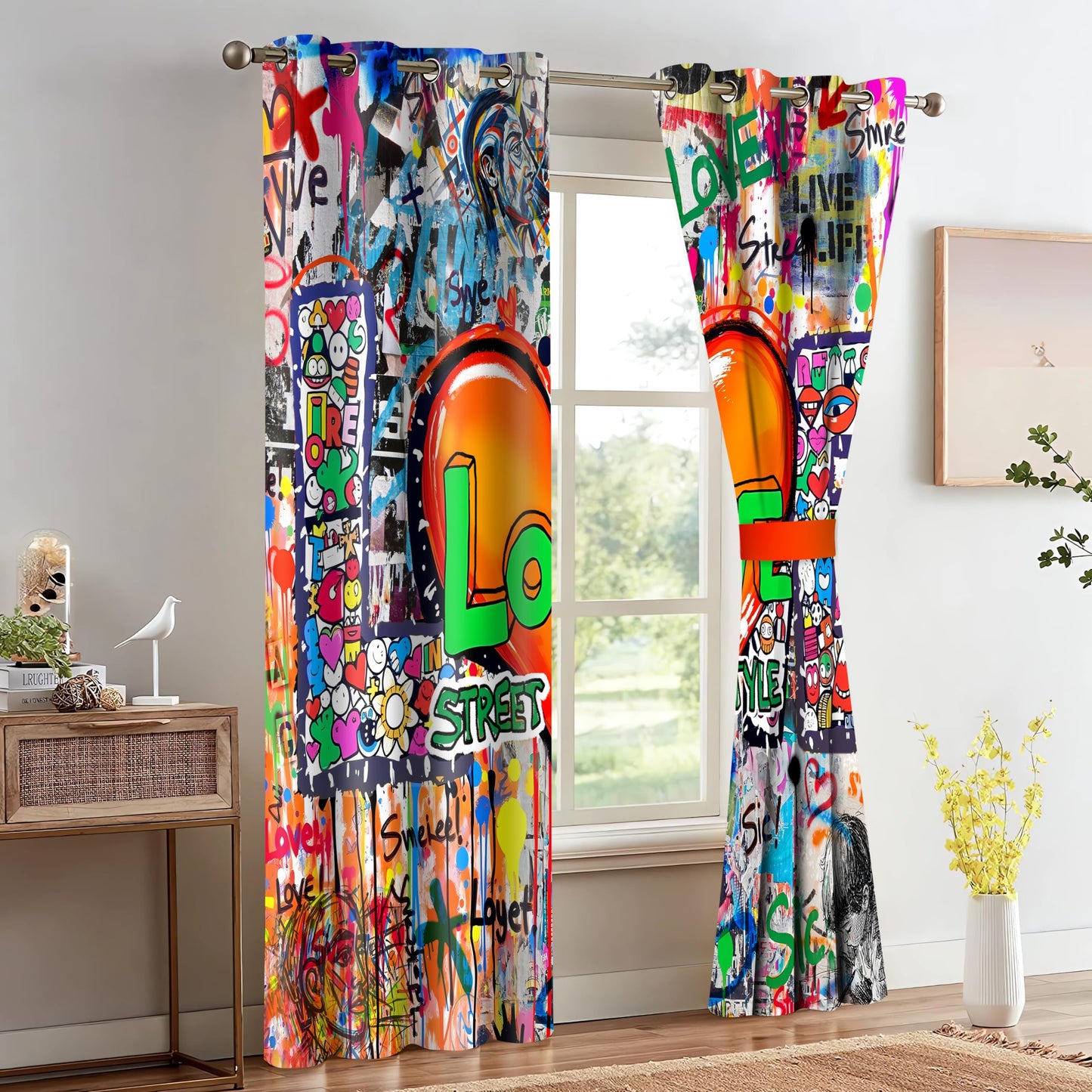 HIYSMT Graffiti Wall Hip Hop Curtains 42x84inch Alphabet Love Heart Art Design Blackout Curtain Modern Abstract Colorful Urban Graffiti Privacy Drapes for Bedroom Living Room 2Panels HI07YL