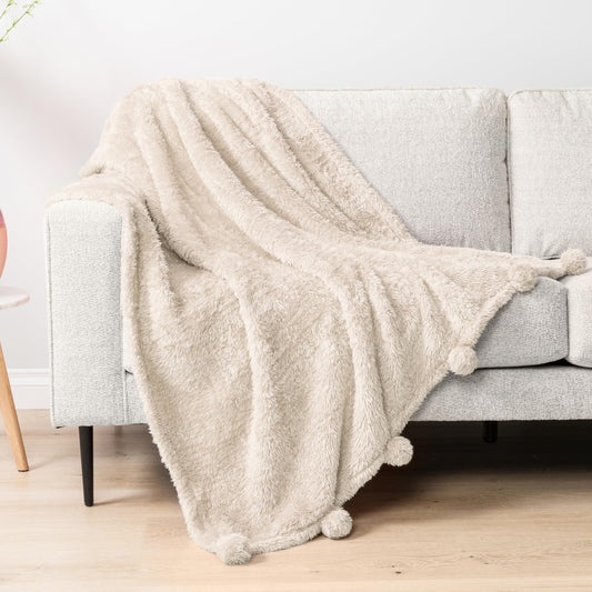 PAVILIA Pom Pom Throw Blanket for Couch, Soft Sherpa Blanket with Pompom, Warm Fluffy Plush Throw for Bed Sofa, Lightweight Decorative Gift for Women Mom Her, Beige, 50x60