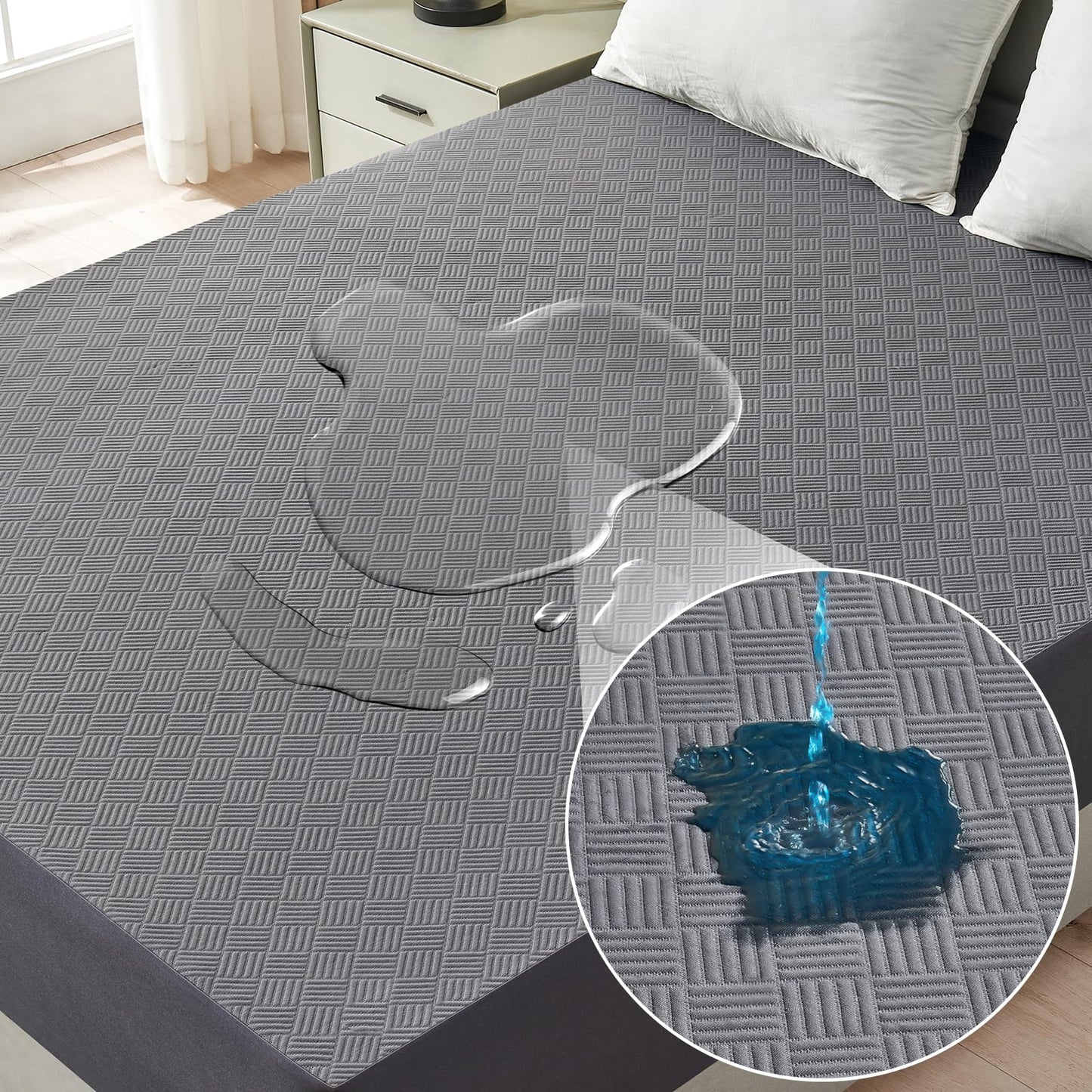 Inooro Queen Size Waterproof Mattress Protector, Breathable Bed Cover with 6 to 18 Inch Deep Pocket, Cooling Quiet Fitted Sheet, Noiseless Machine Washable for Home Bedroom Hotel, Gray (60x80 Inches)