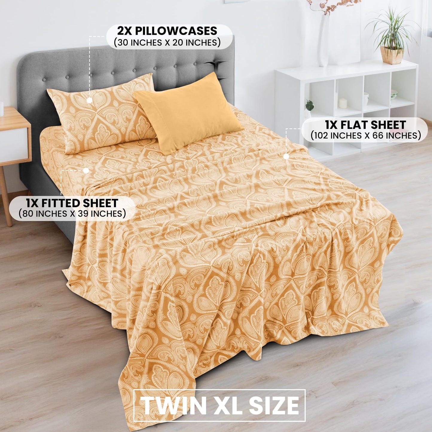 Ultra Soft Wrinkle-Free Microfiber Paisley Twin XL Sheet Set, Cute Floral Pattern Boho Print – 16" Deep Pocket Fitted Sheet, Flat Sheet & 2 Pillowcases, Breathable, OEKO-TEX - Taupe