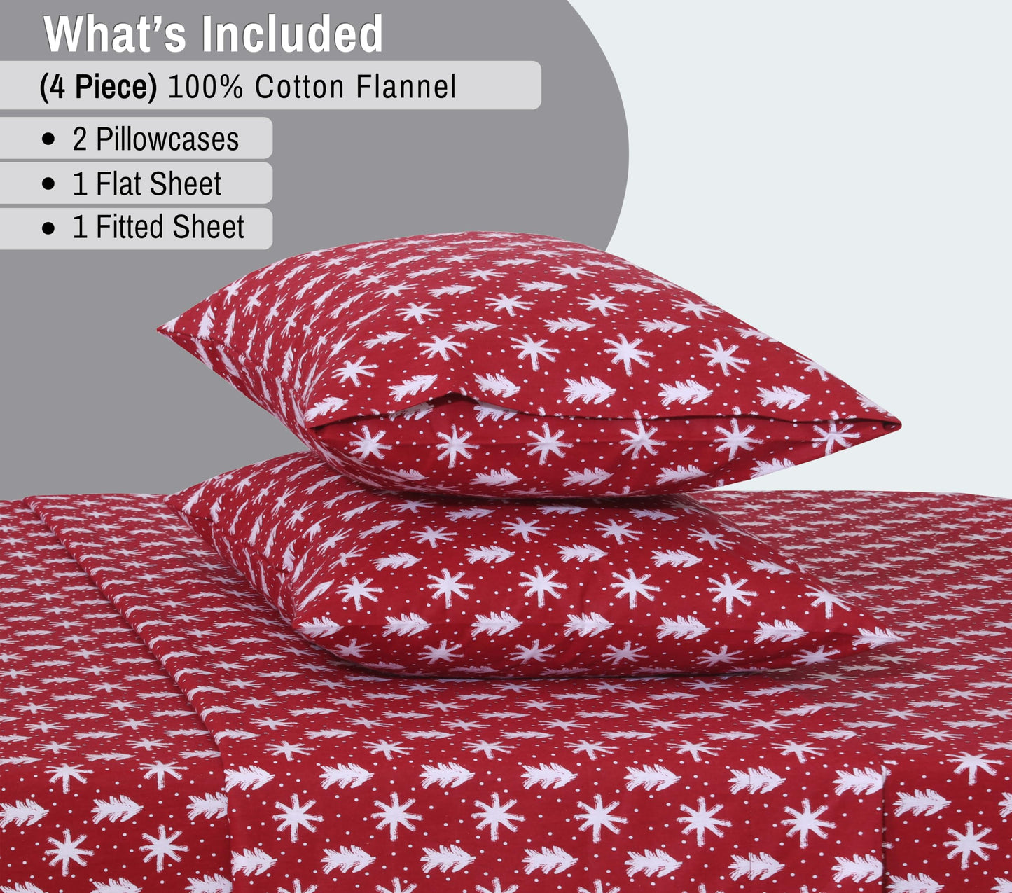 RUVANTI Flannel Sheets Queen Size - 100% Cotton Double Brushed Bed Sheets, Deep Pockets 16 Inches Queen Sheet Set, All Seasons Breathable & Extra Soft - Warm & Cozy, 4 Piece, Red Christmas