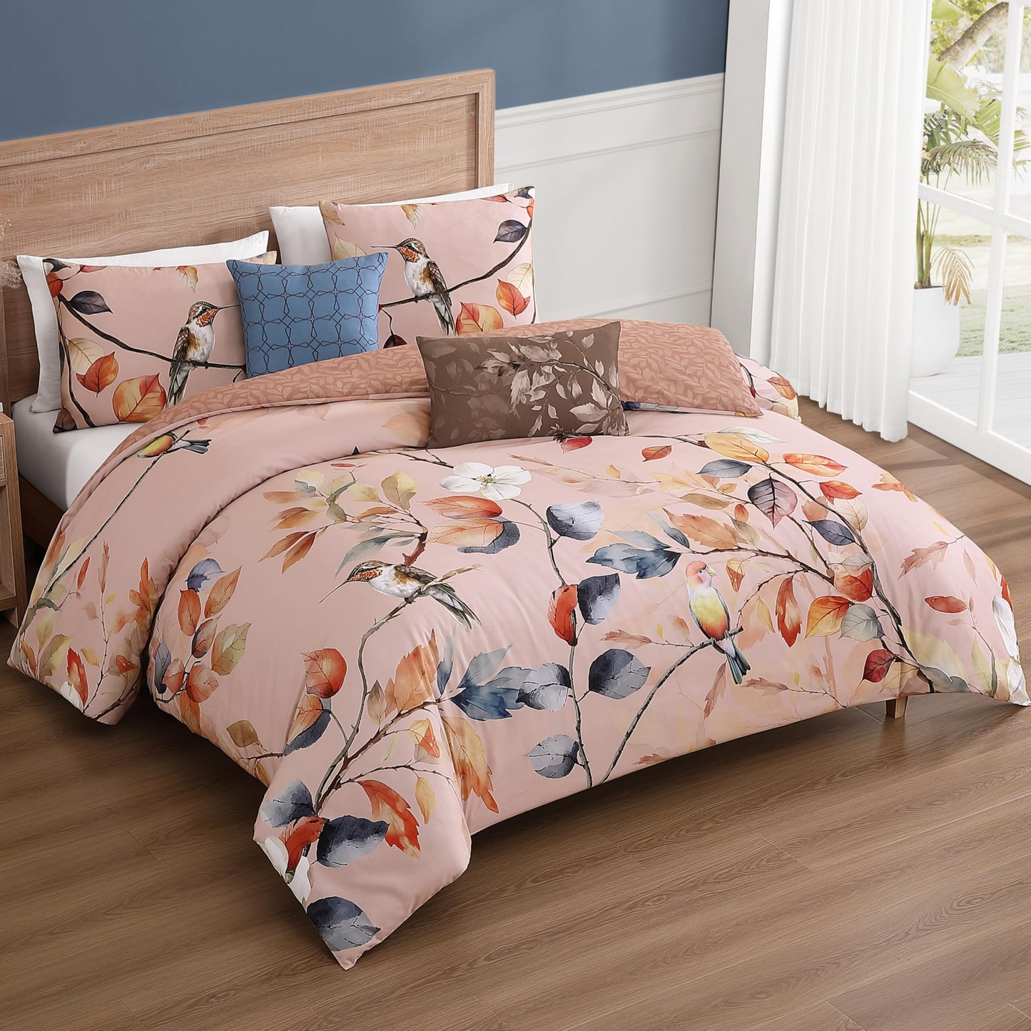 Bebejan Peachy Dogwood 5 Piece Comforter Set, 100% Cotton Sateen, 220 Thread Count, Pink Reversible Bedding Comforter Set, 1 Comforter, 2 Shams & 2 Pillows (King/Cal King)