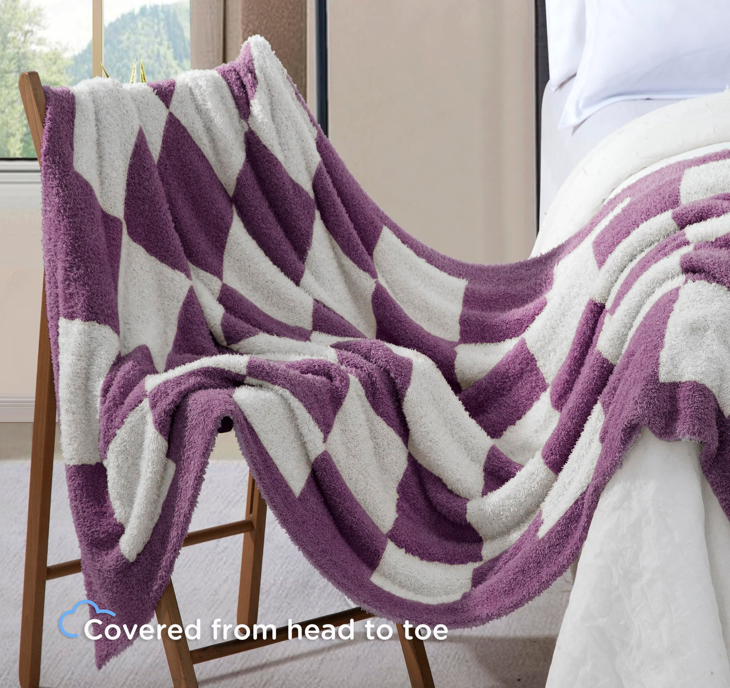 CLOUDS HUG Purple Checkered Throw Blanket for Couch - Super Soft Knit Bed Blanket for Mother，Fluffy Fuzzy Plush Lightweight Cozy Throws for Sofa ，50" x 60"