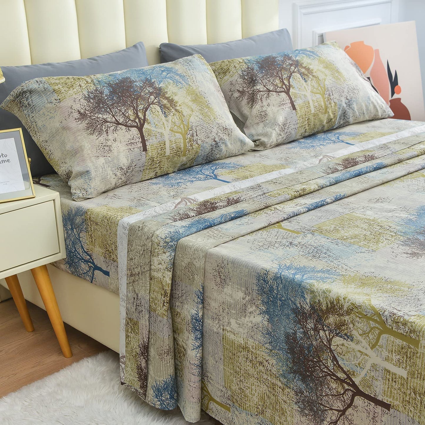 JSD Rustic Print Sheet Set Queen Size, 4 Piece Tree Pattern Soft Microfiber Bed Sheets Extra Deep Pocket