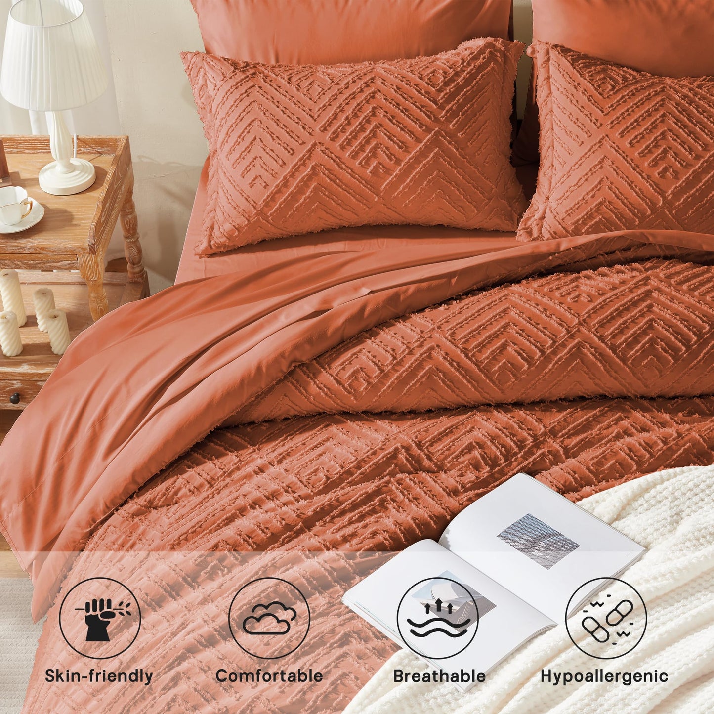 Zzlpp Queen Comforter Set 7 Pieces, Burnt Orange Tufted Bed in a Bag with Comforter, Pillow Shams, Pillowcases, Flat Sheet, Fitted Sheet