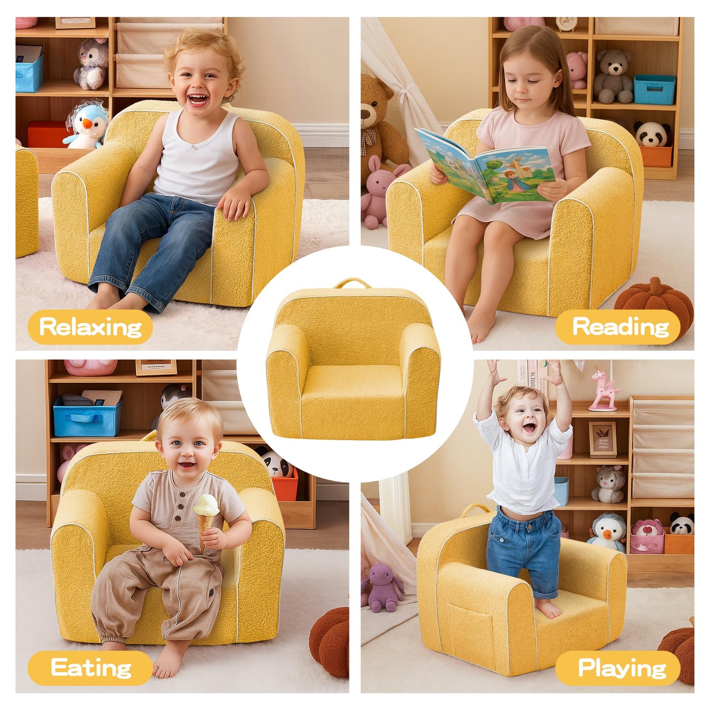 DAICO Ultra-Soft Foam Kids Sofa Chair, Cozy Toddler Bean Bag Chair with Armrests for Boys and Girls, Teddy Lazy Sofa Couch for Reading & Playing, Yellow, Small