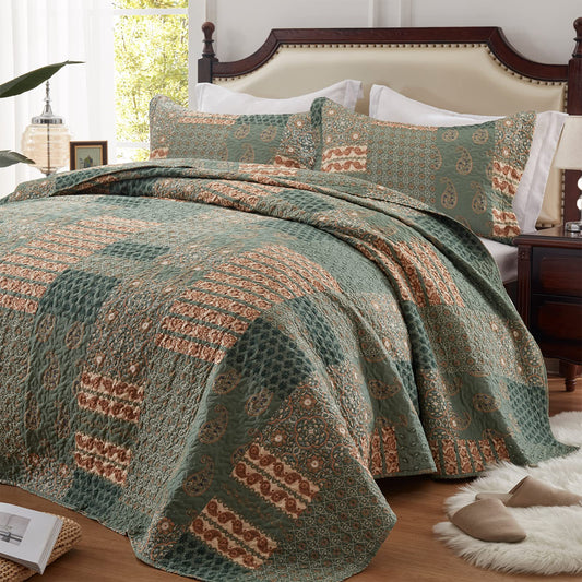 LEAONME Quilt Set King Size 3 Piece Bedspread Lightweight Microfiber Floral Paisley Olive Green, 98x106 Inch