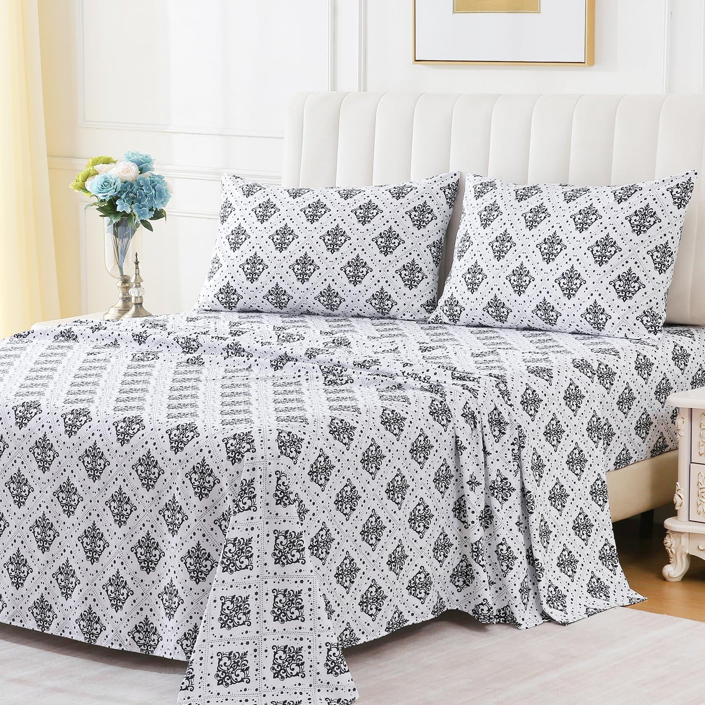 ChicView King Size Damask Printed Sheet Set,4 Pieces Boho Style Breathable Soft Microfiber Bedsheets, Anti Pilling Deep Pockets Easy Care Bed Sheets, Black