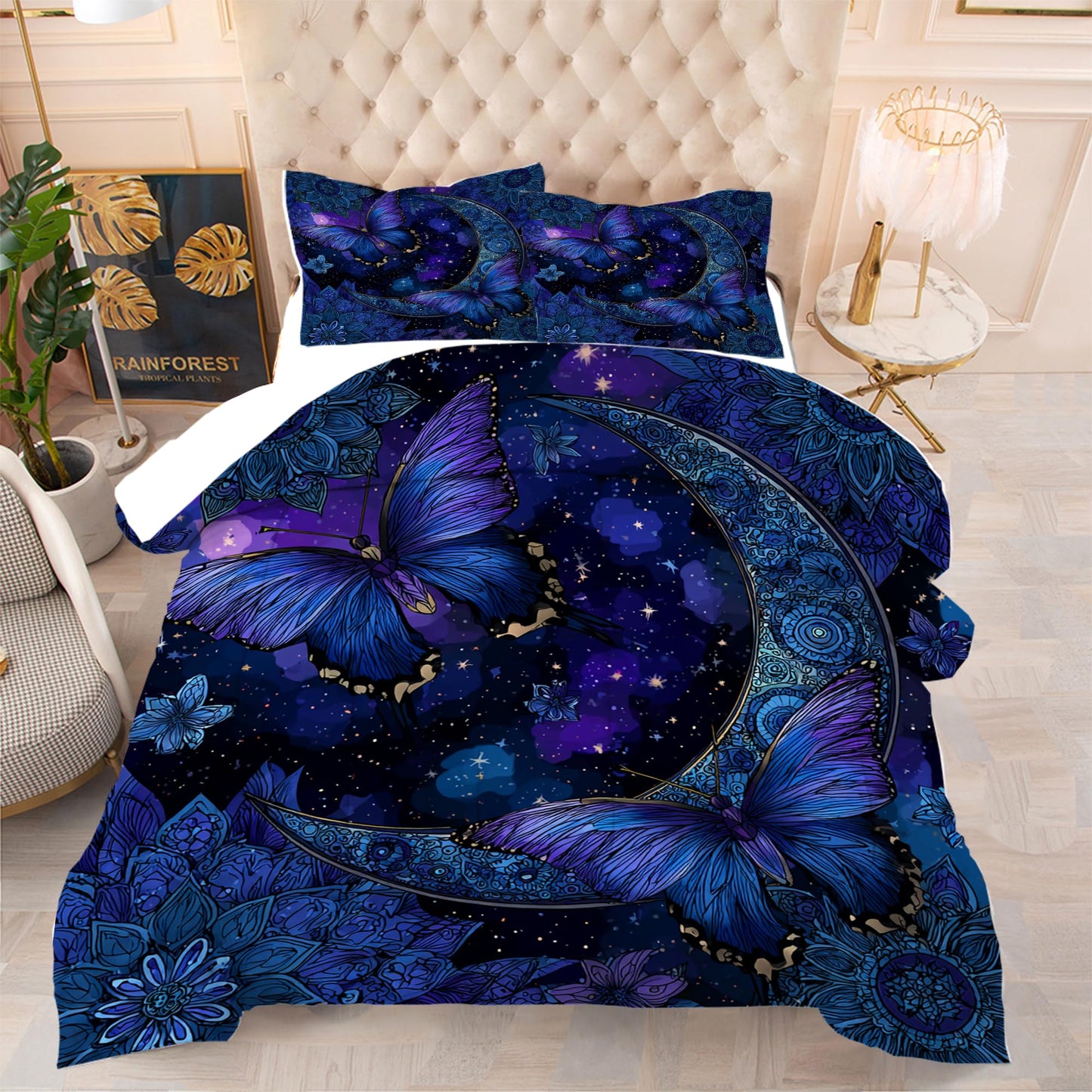 EDGZKO Butterfly Comforter Set, Queen Size Boho Floral Bedding Set for Boys Girls Kids Adults, Gothic Moon Quilt Duvet Breathable Star Sky Bed Set, 1 Comforter & 2 Pillowcases
