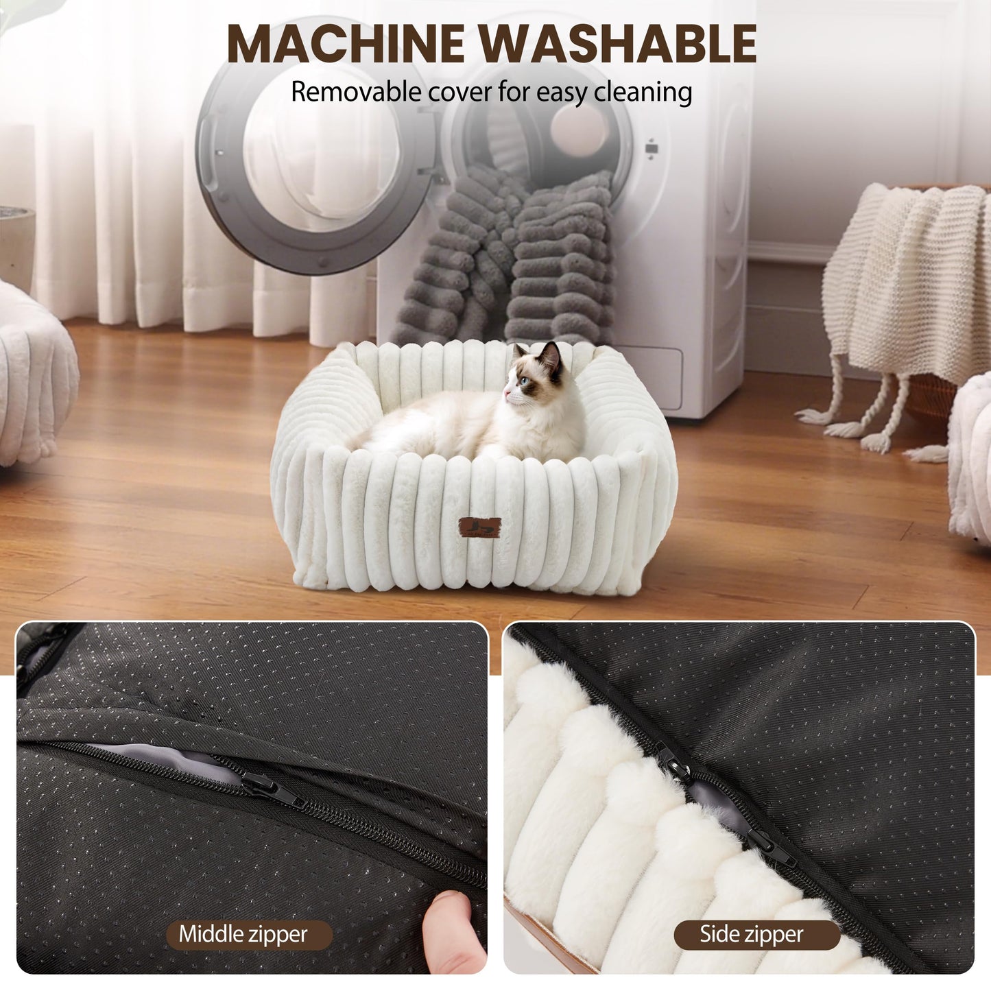 Warmrest Cute Dog Bed for Small Dogs & Cats,Washable Fluffy Cat Beds for Indoor Cats, Rectangle Orthopedic Memory Foam Puppy Beds with Anti-Slip Bottom, 20 x19 x 7 Inches, Cream(20x19x6inchs)