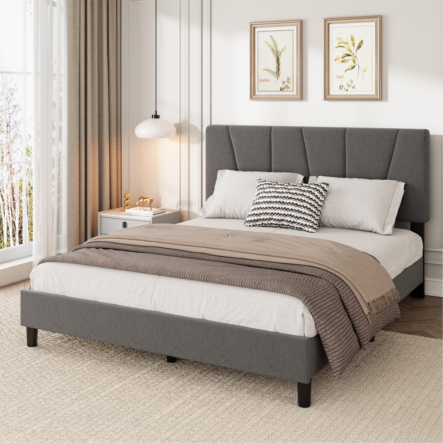 IDEALHOUSE Full Size Bed Frame with Upholstered Headboard, Heavy Duty Platform Bed Frame with Strong Wood Slats, Adjustable Headboard, Noise-Free, No Box Spring Needed, Easy Assembly