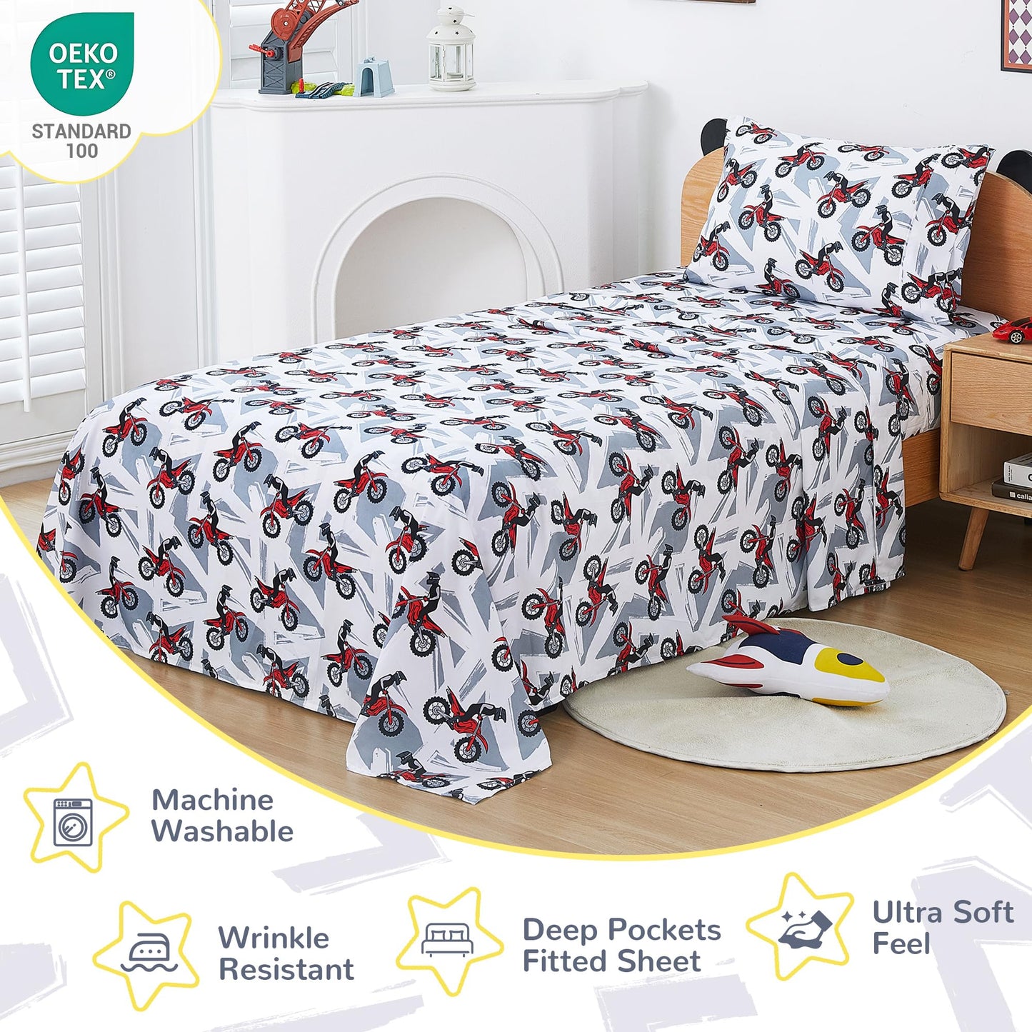 Viviland 3 Pieces Boys Grey Twin Sheet Set - Soft Microfiber Fitted Flat Sheets & Pillowcase - Red Motorcycle Print Bedding Sets - for Kids & Toddlers