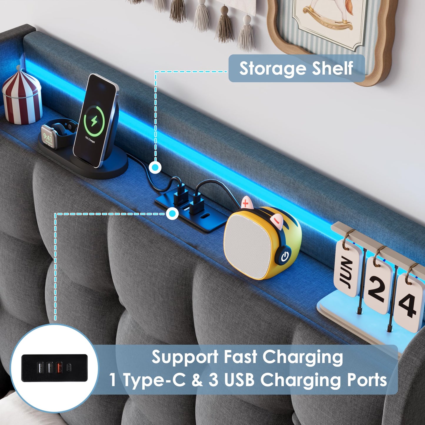 Keyluv Twin Car Bed Frame with LED Lights and Charging Station, Upholstered Platform Bed with Button Tufted Headboard and Wheels, No Box Spring Needed, Noise-Free, Easy Assembly, Fabric, Dark Grey