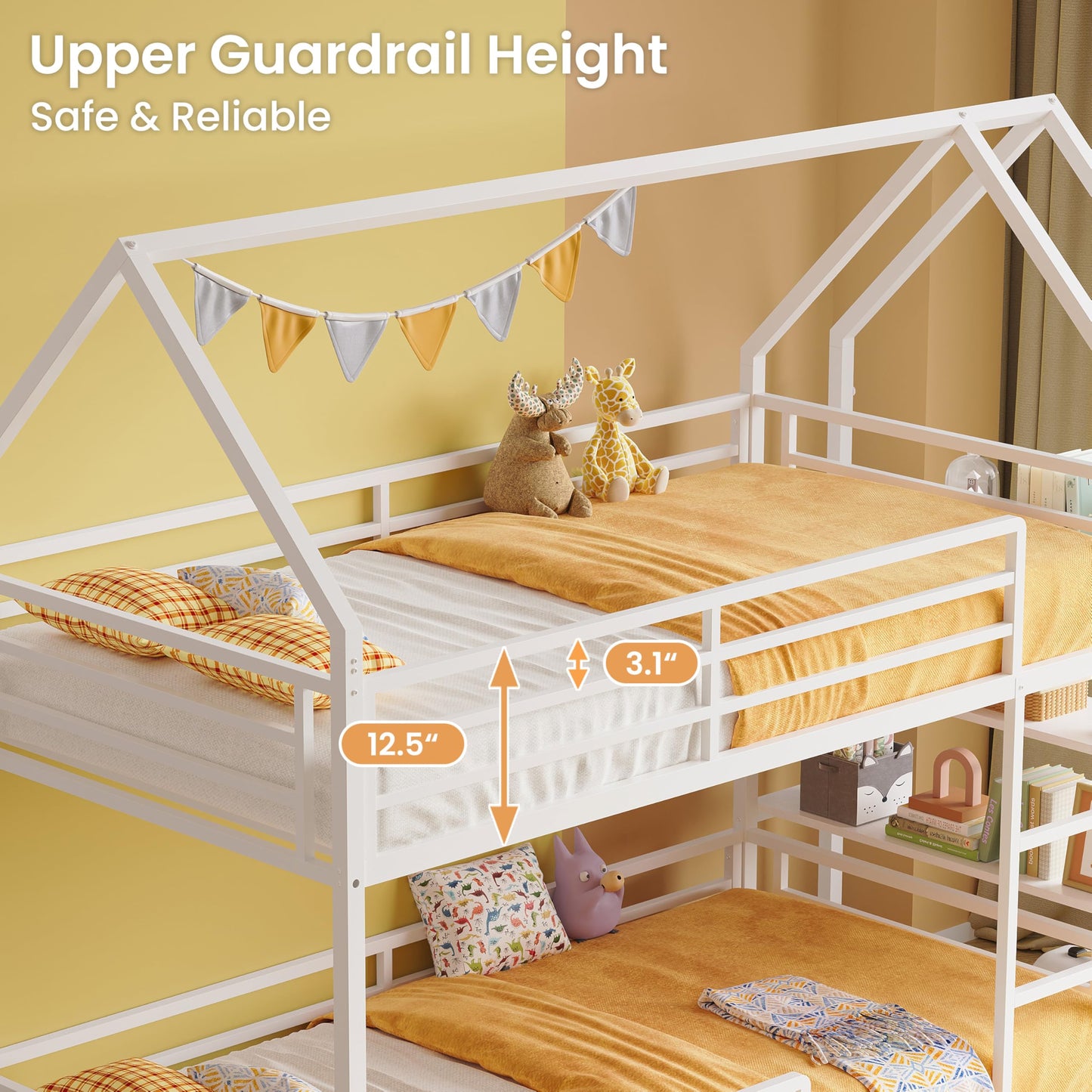 LIKIMIO Bunk Bed, Twin Bunk Beds with 3-Tier Storage Bookshelf, Bunk Bed Twin Over Twin, Metal House Bed Ladder and Safety Guardrail for Bedroom, Space Saving, No Box Spring Needed, White