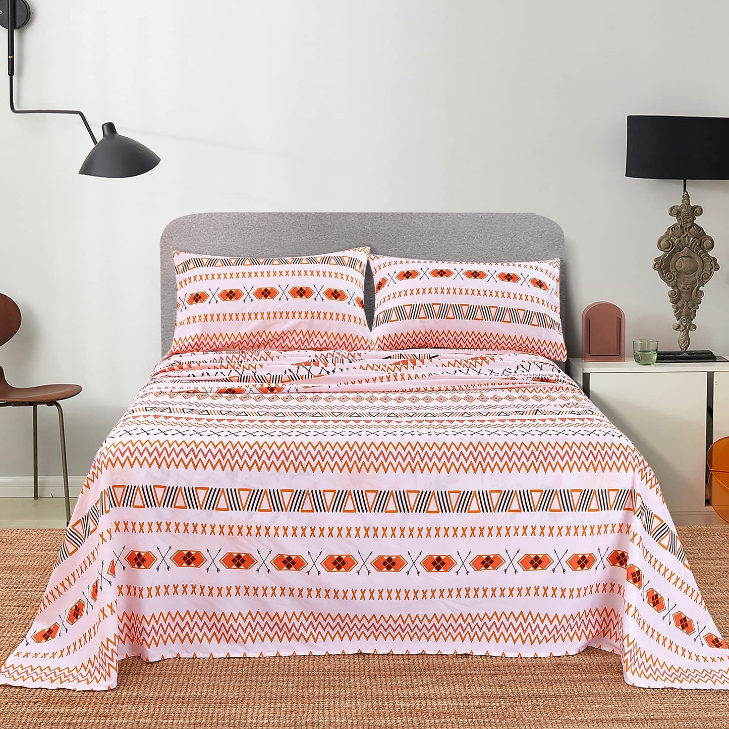 JSD Geometric Printed Sheet Set Queen, 4 Piece Soft Orange Pattern Microfiber Sheets Extra Deep Pocket