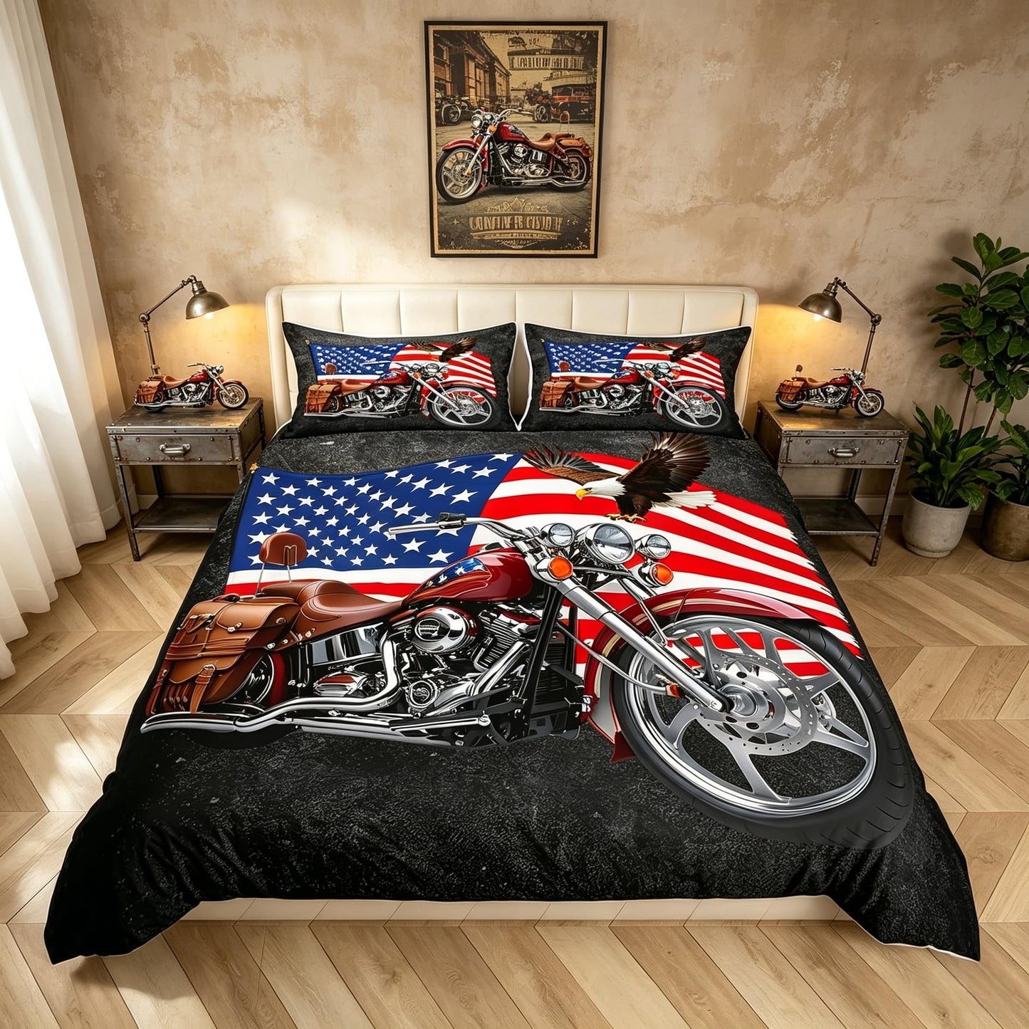American Flag Duvet Cover Set King,Motorcycle Bedding Set 3pcs for Kids Teens Boys Girls Adult Room Decor,Eagle Animal Comforter Cover Brown Quilt Cover with 2 Pillowcases