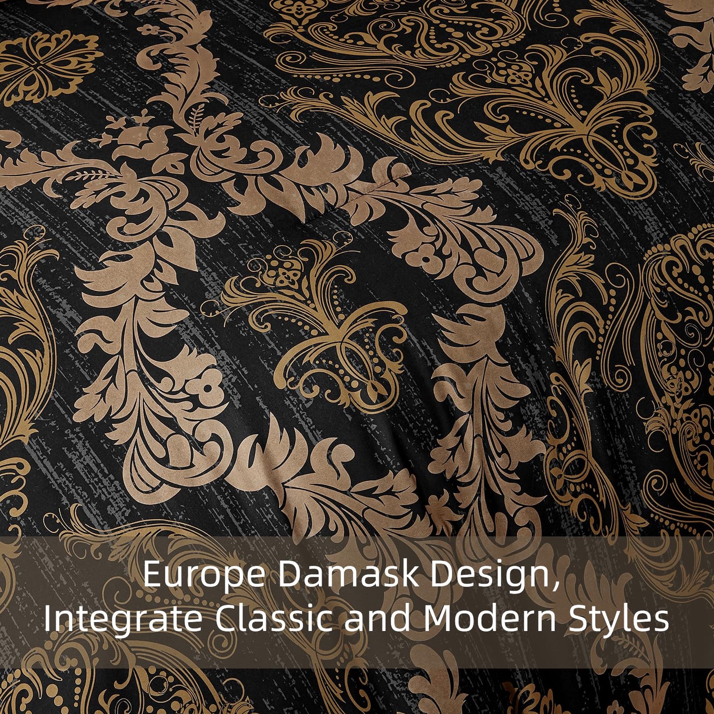 WONGS BEDDING Black Comforter Set Queen Size, Gold Damask Texture 7 Pieces Bed in a Bag Microfiber Comforter Bedding Sets -1 Comforter, 1 Flat Sheet, 1 Fitted Sheet, 2 Pillow Shams, 2 Pillowcases