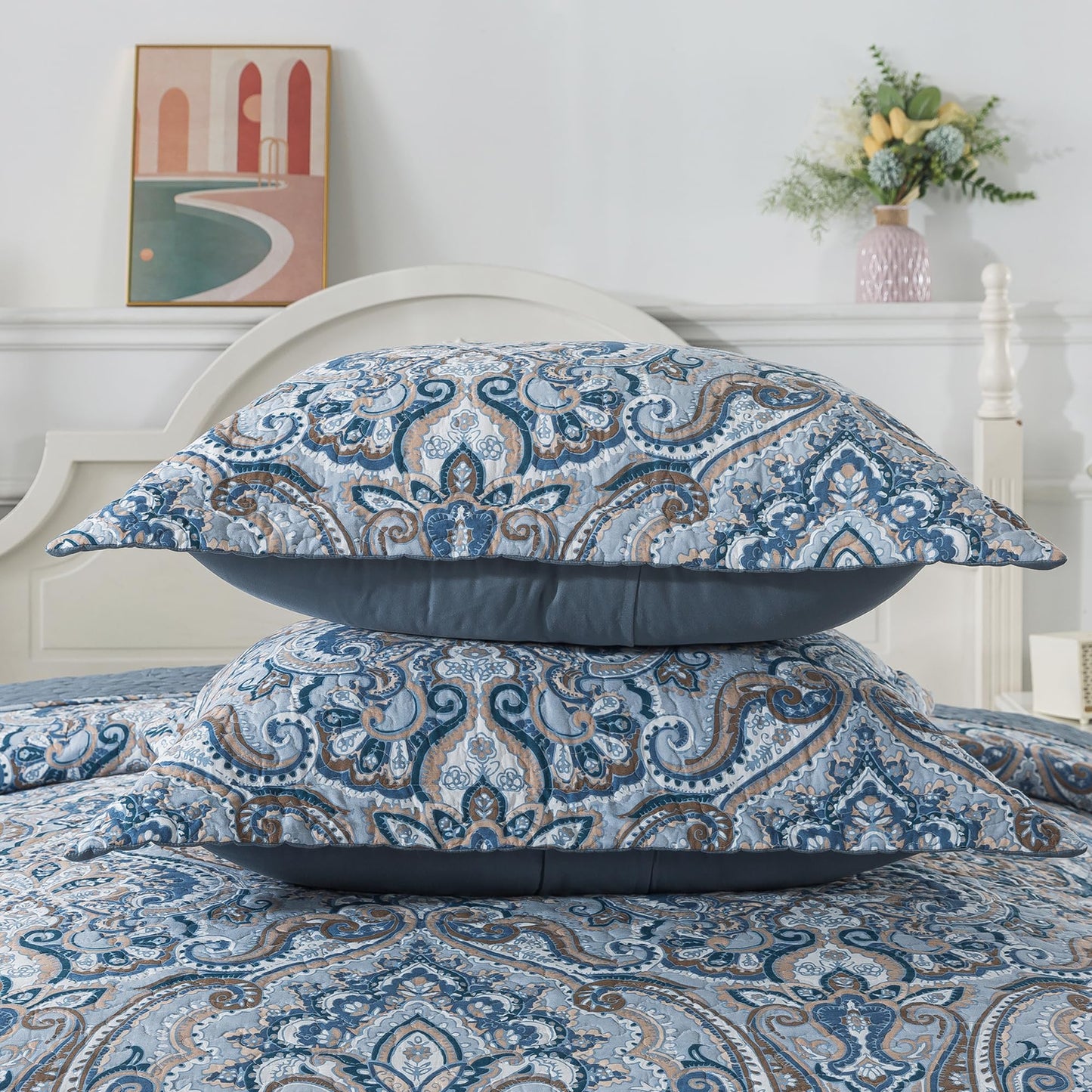 Etwel Lightweight Cotton Queen Size Quilt Set - Breathable Reversible Bedspread for Hot Sleepers, Farmhouse Floral Bedding Set with 2 Pillow Shams for All Season (90"x98", Crown Blue-Gray)
