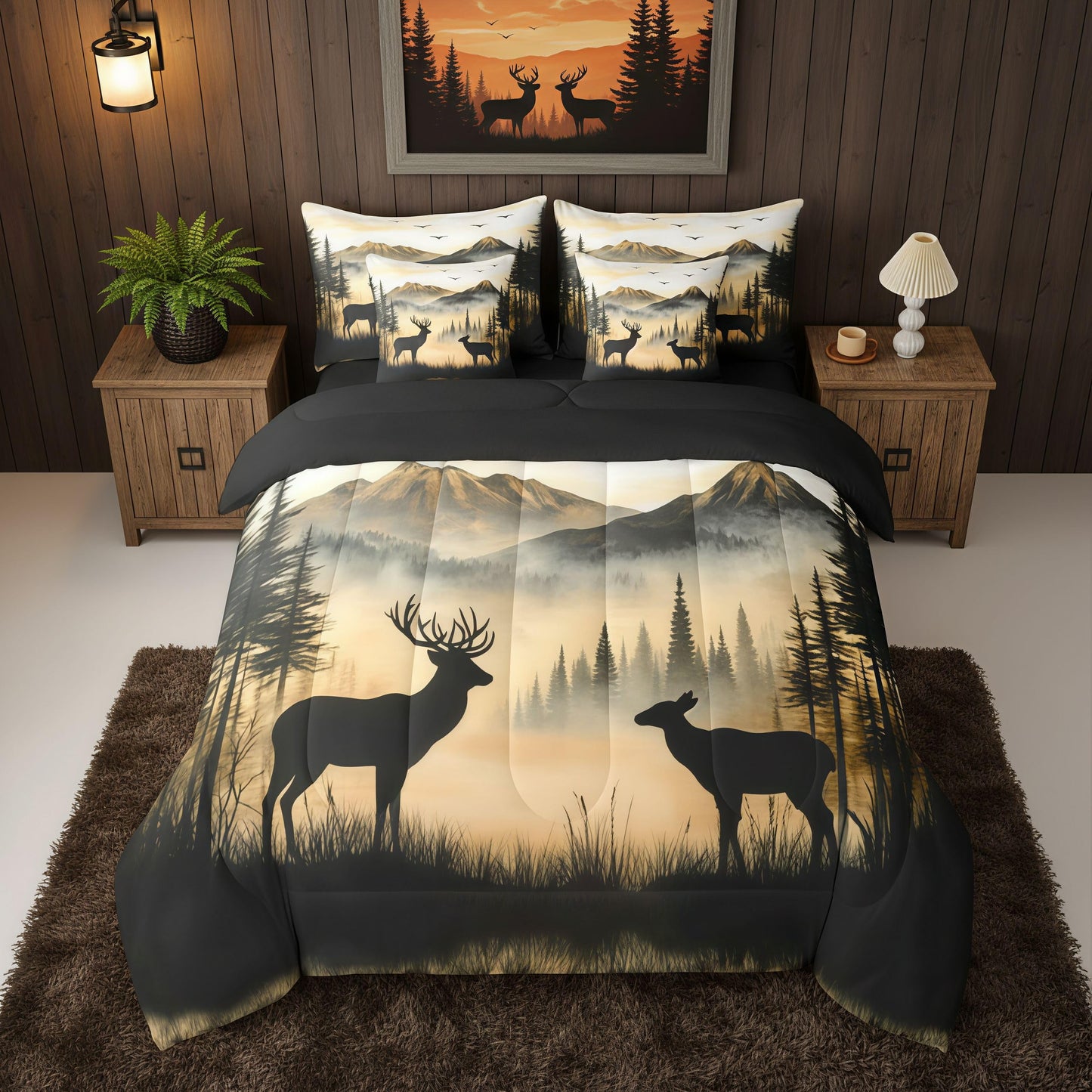 jejeloiu Western Rustic Cute Deer Cabin Comforter Set Queen with Sheets for Kids Boys Girls Hunting 7 Pieces Bedding Set Country Farmhouse Bed in a Bag Foggy Mountain Room Decor
