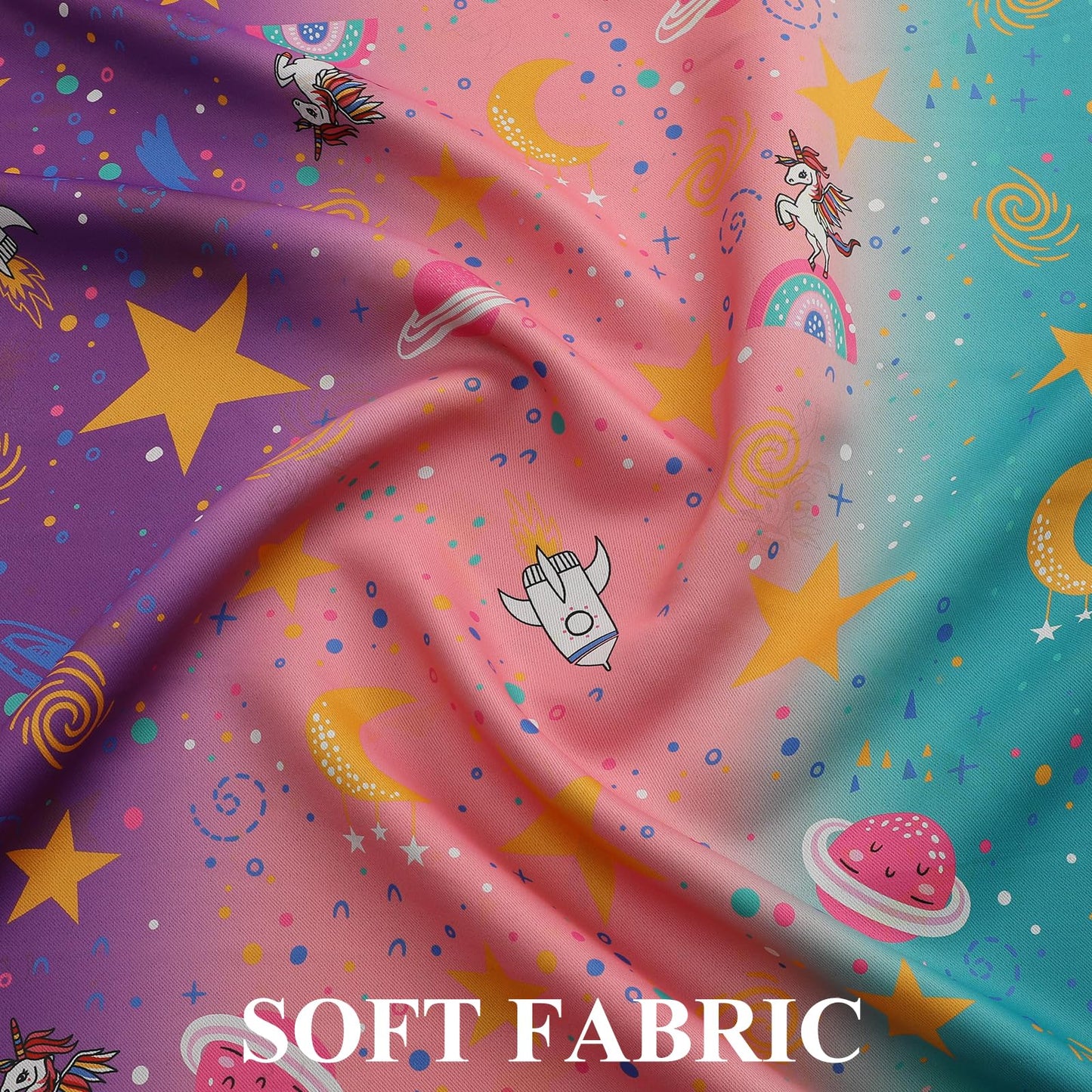 Estelar Textiler Unicorn Rainbow Galaxy Printed Ombre Pink Purple Teal Blackout Curtains for Kids & Girls Room,Thermal Insulated Room Darkening Grommet Drapes with Star & Moon Pattern,38Wx63L,2 Panels