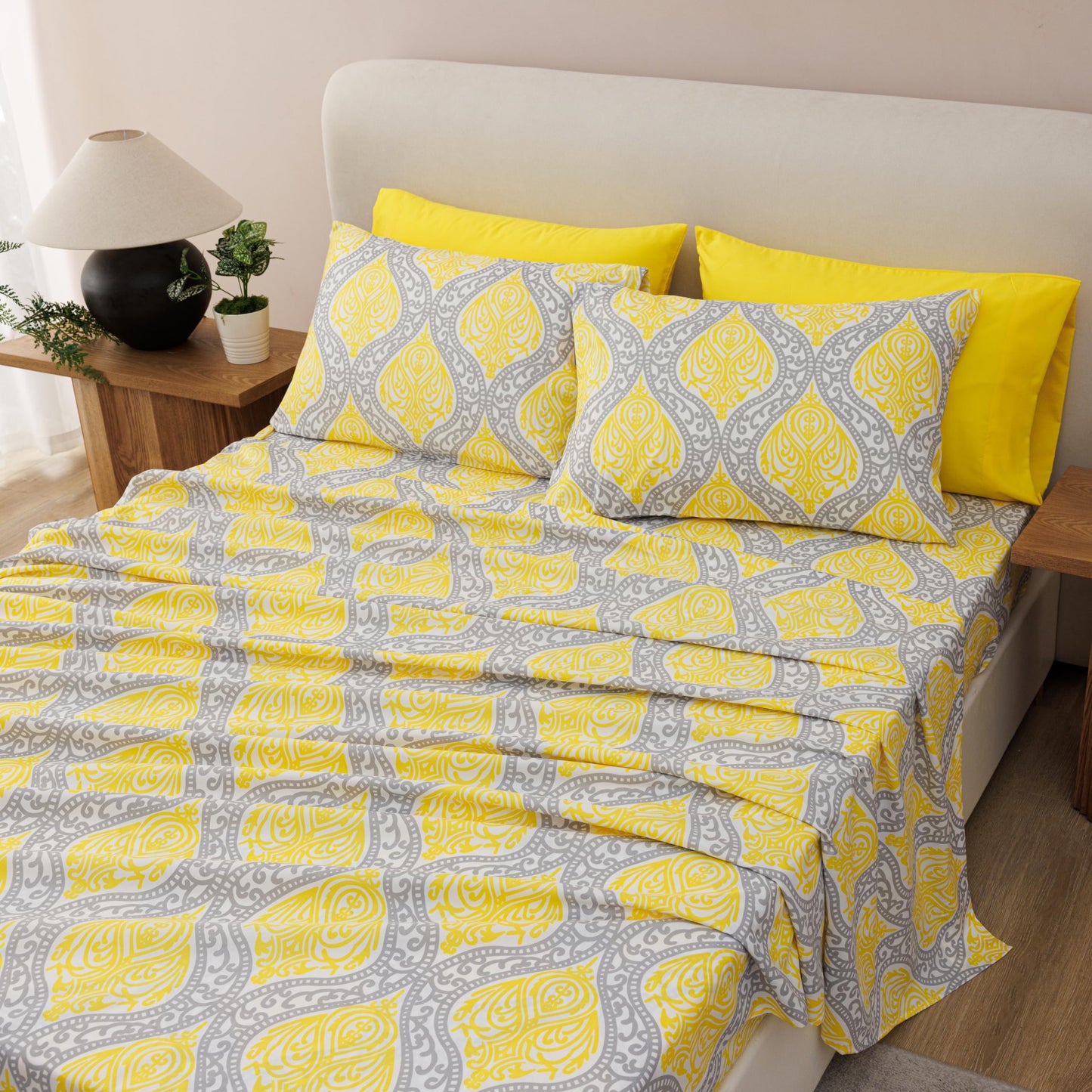 Spirit Linen home 6-Piece King Size Bed Sheet Set - Deep Pocket, Medallion Print, Soft and Breathable Bed Sheets, Microfiber Material, Includes 1 Fitted, 1 Flat, 4 Pillowcases - Grey/Yellow Medallion