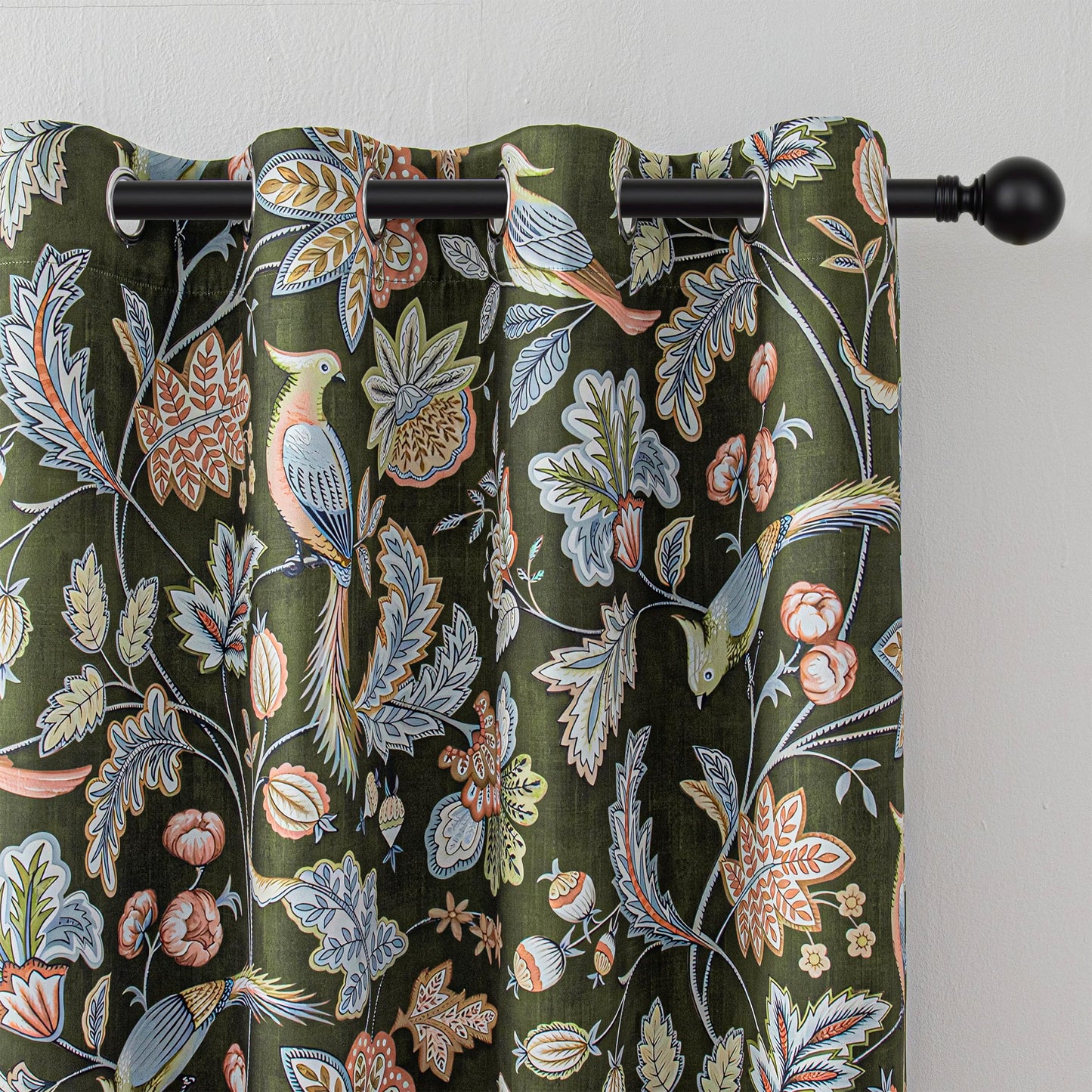 MYSKY HOME Green Boho Floral Blackout Living Room Curtains 84 inch Long Thermal Insulated Room Darkening Noise Reduce Cottage Curtains with Flower Bird Patterned Grommet Drapes, 2 Pcs, 52" Wide,